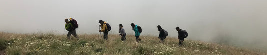 Group of hikers with backpacks walking single file on foggy grassy ridge with wildflowers weather long hikes ready
