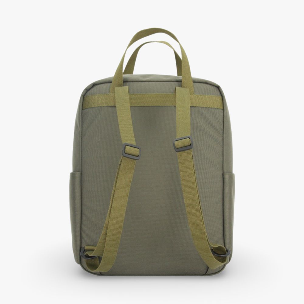 Noel Everyday carry backpack in olive green with adjustable shoulder straps and side pockets