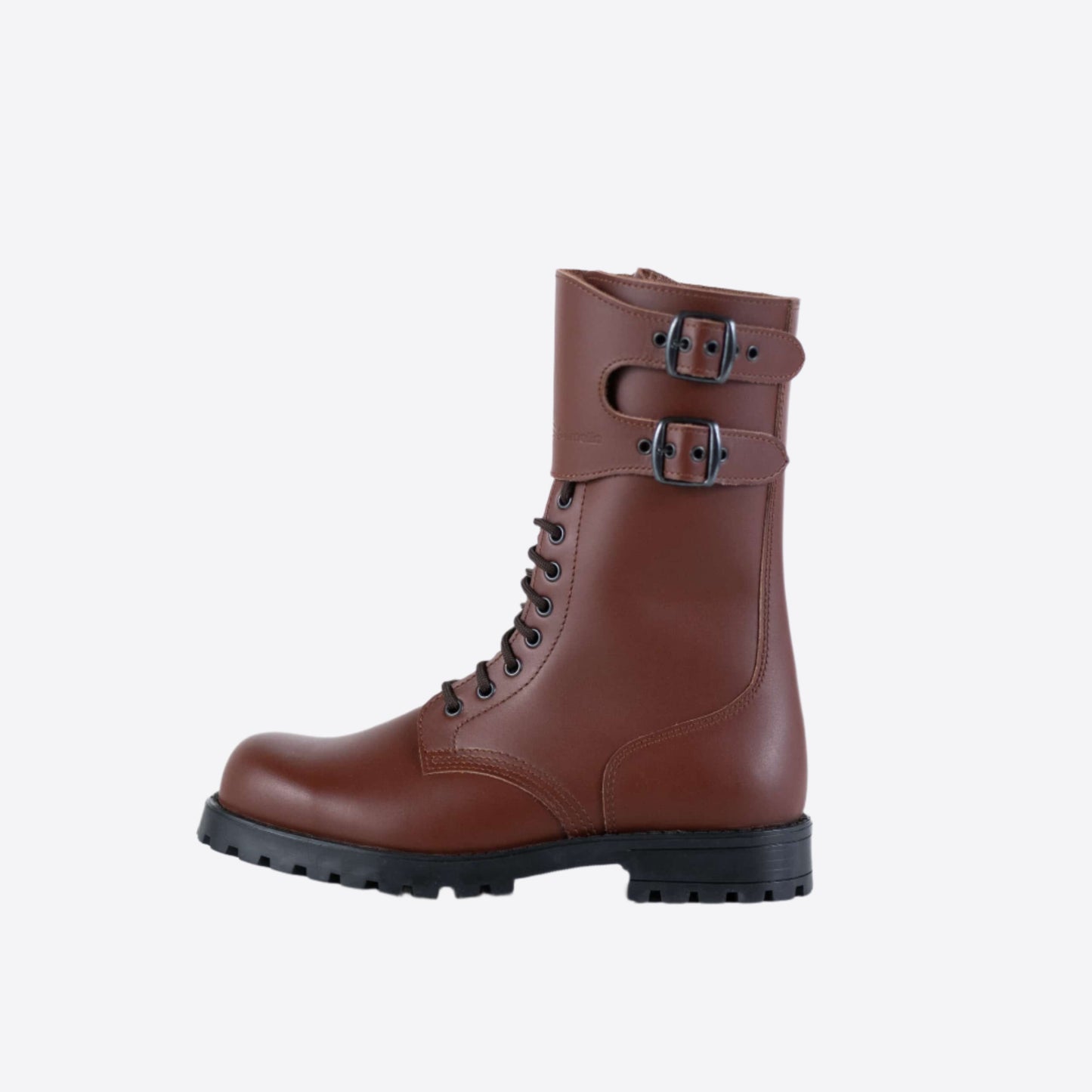 Samelin light brown leather boots featuring double buckle accents and a rugged sole for durability