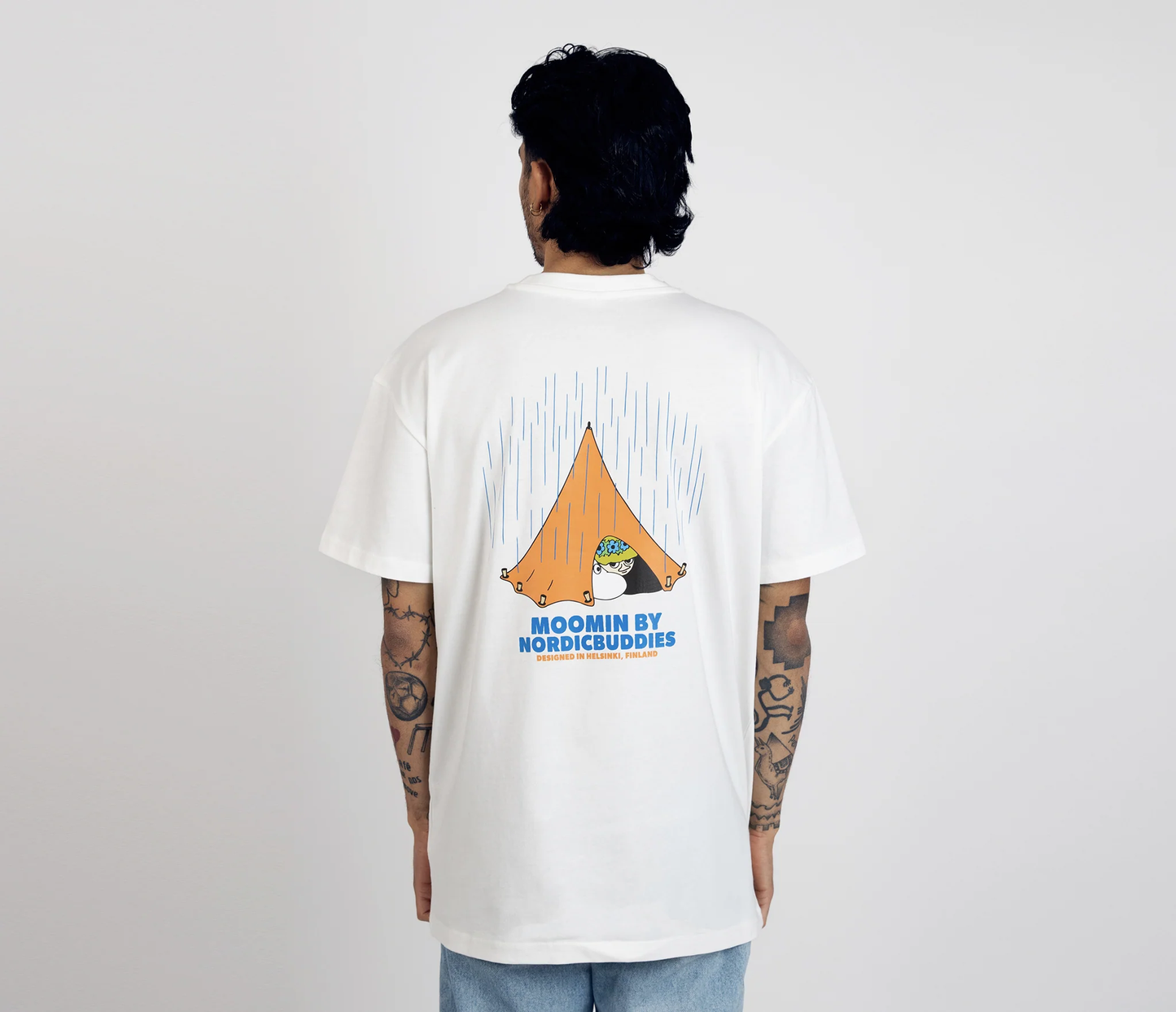 Moomin by NordicBuddies adventure t-shirt white featuring a colorful tent design on the back