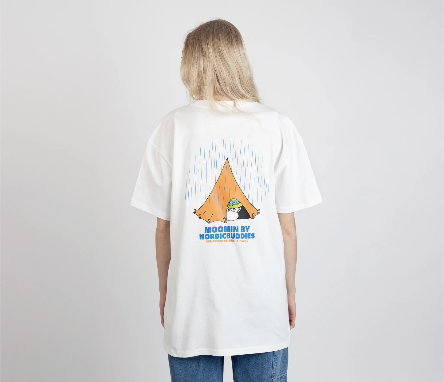 Moomin by NordicBuddies adventure t-shirt white featuring a colorful camp tent design on the back