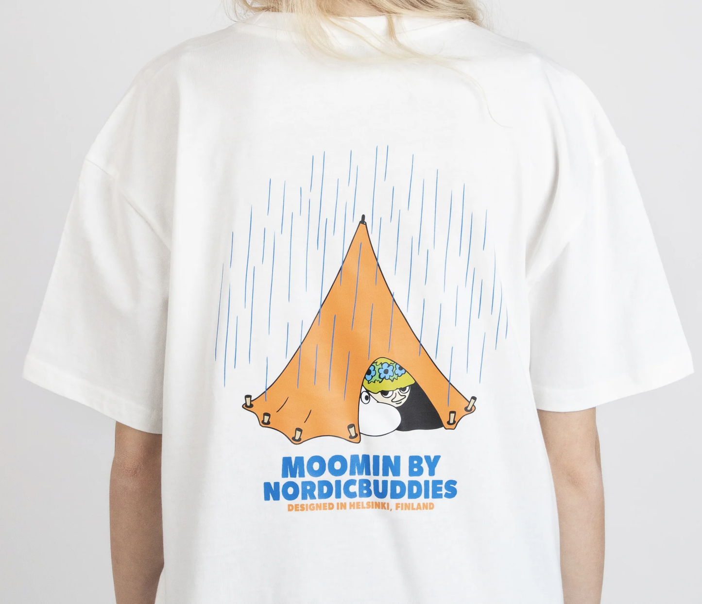 Moomin by NordicBuddies adventure t-shirt white featuring tent design on the back
