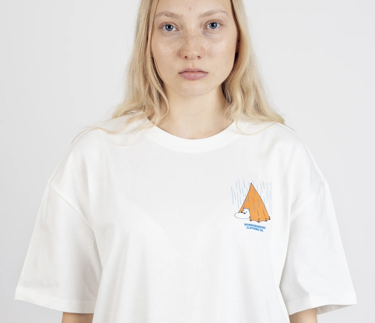 Moomin by NordicBuddies adventure t-shirt white featuring a cartoon character under a tent design