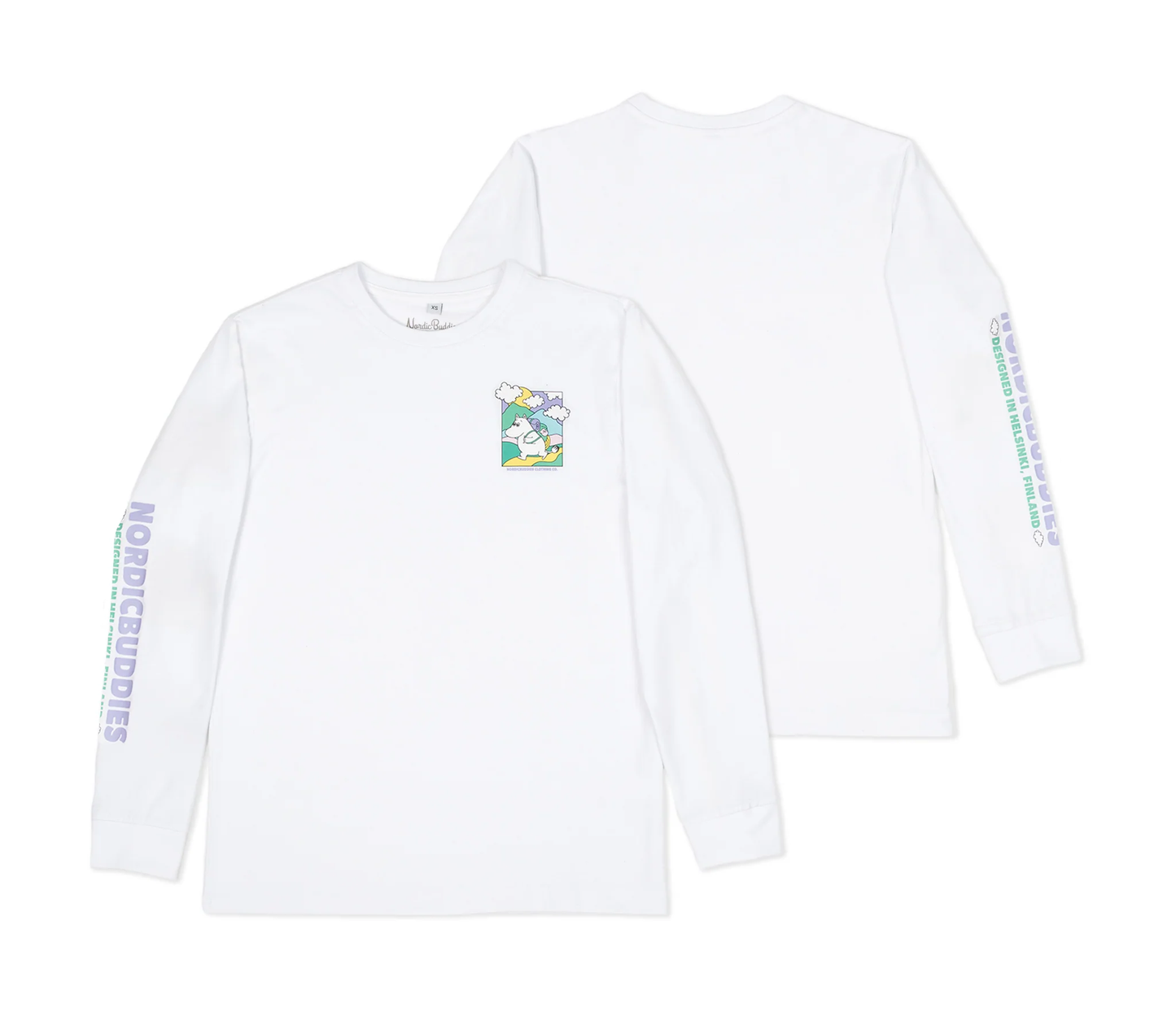 Moomintroll adventure long sleeves t-shirt in white featuring colorful graphics from NordicBuddies