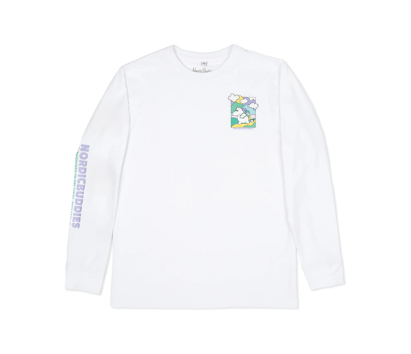 Moomintroll adventure long sleeves t-shirt in white with colorful graphic print on chest and sleeve