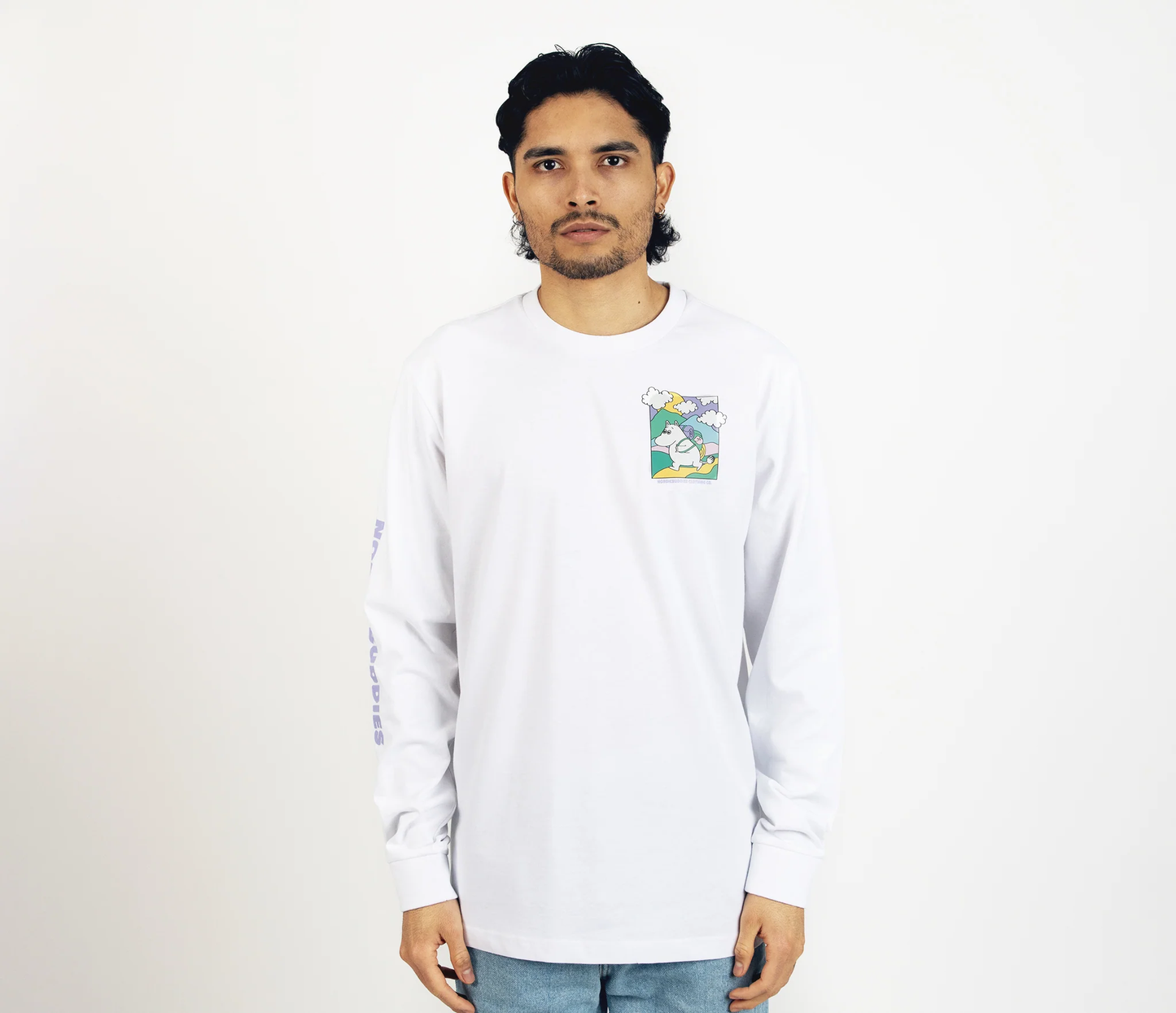 Moomintroll adventure long sleeves t-shirt in white featuring a colorful graphic on the chest