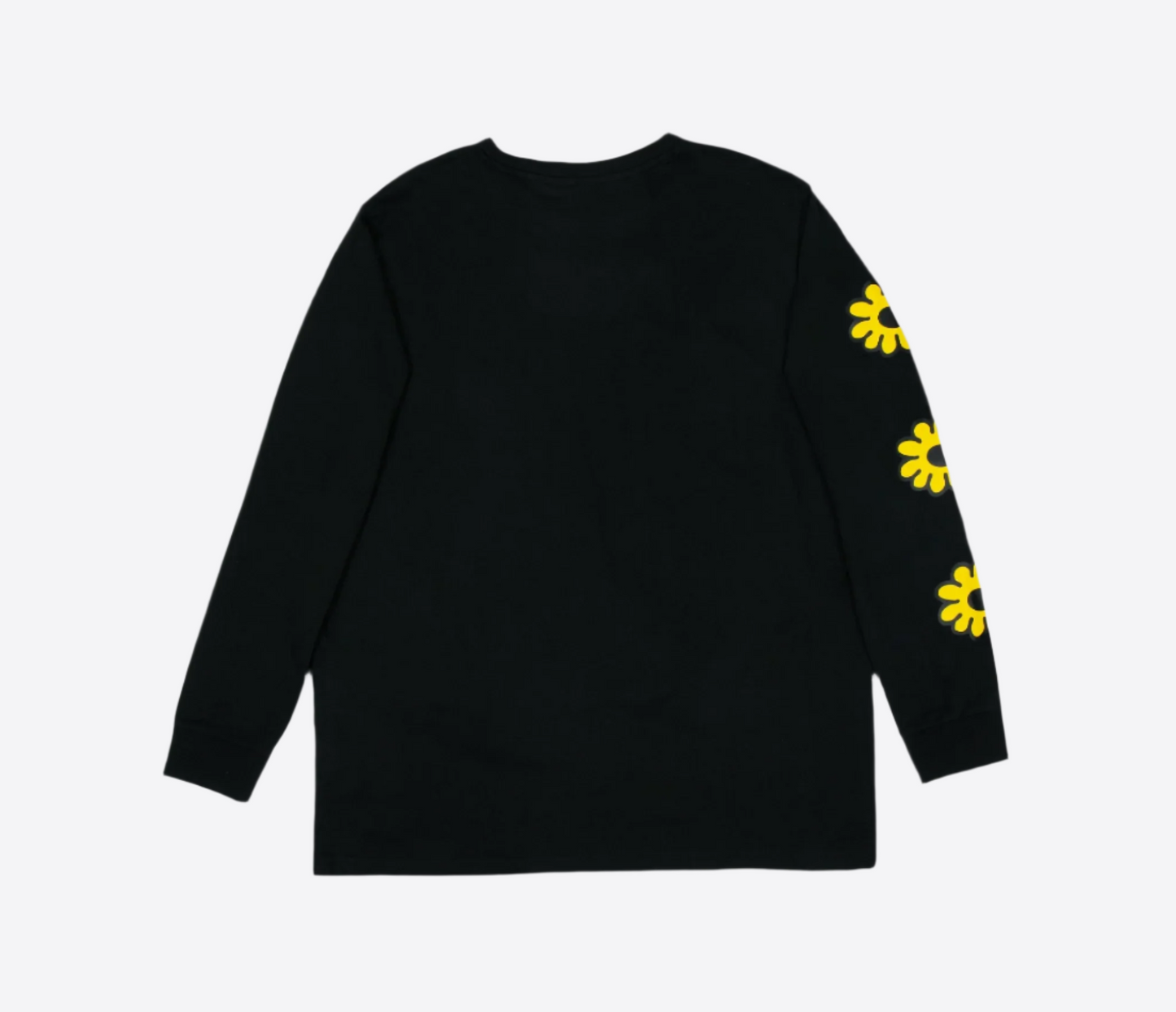 Black Moomintroll flower long sleeve shirt featuring yellow flower graphics on the sleeves