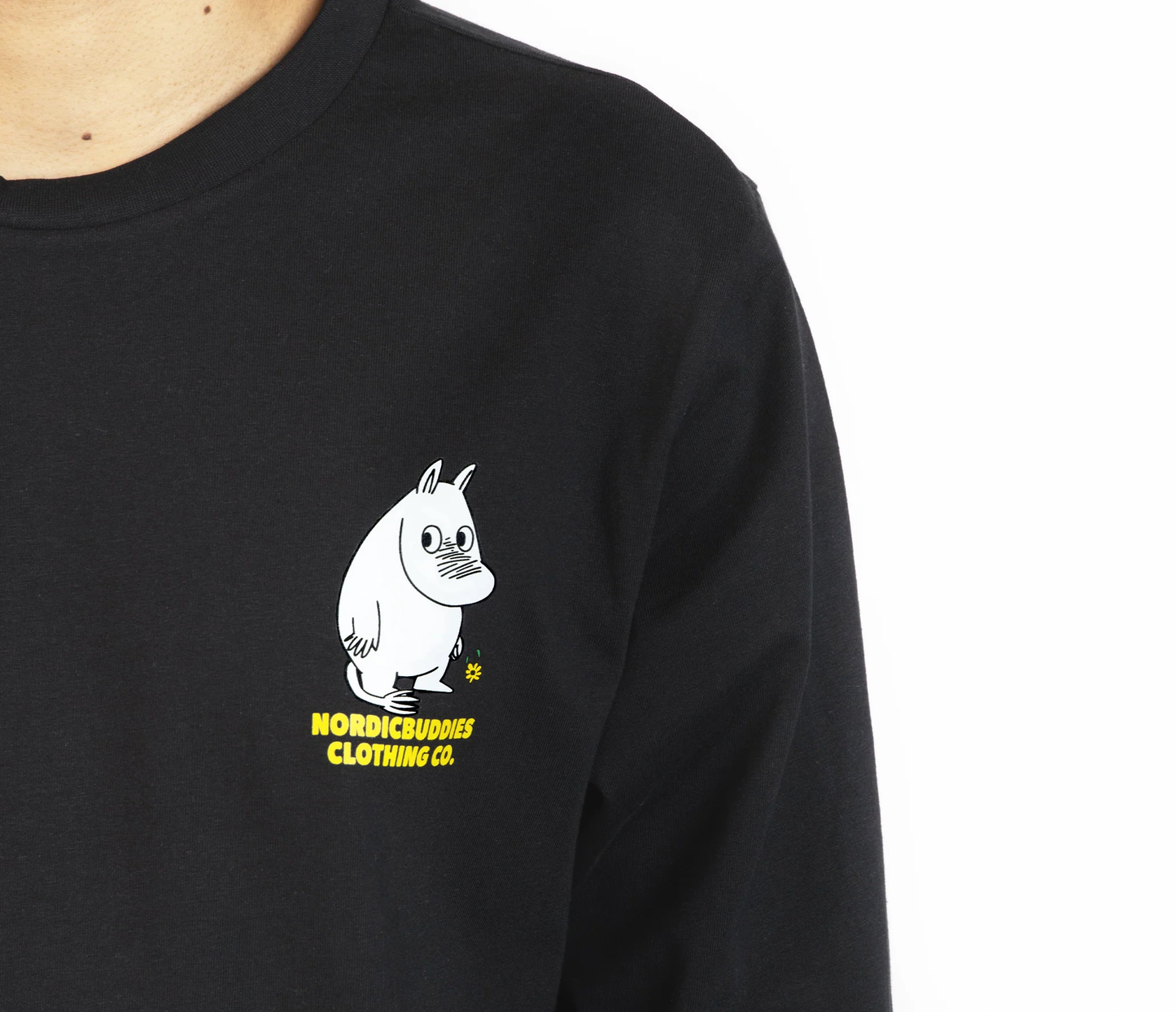 Moomintroll flower long sleeve shirt featuring a Moomin character on a black background