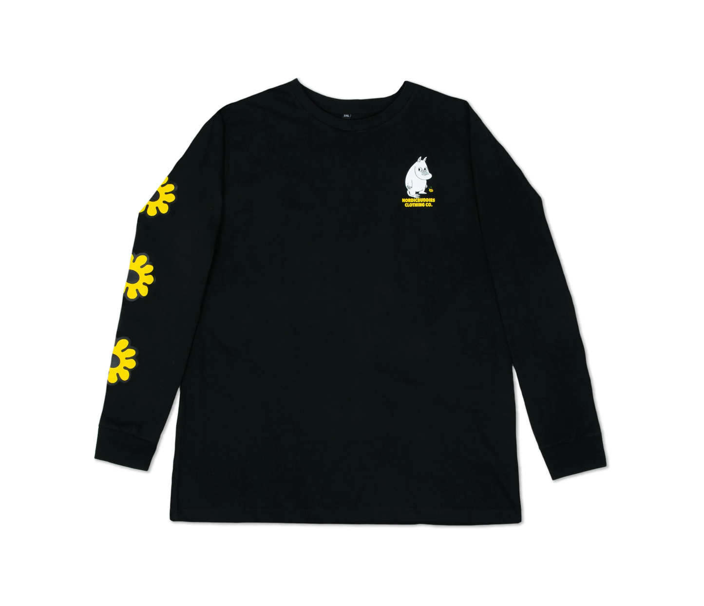 Moomintroll flower long sleeve shirt in black featuring yellow flower designs on sleeves