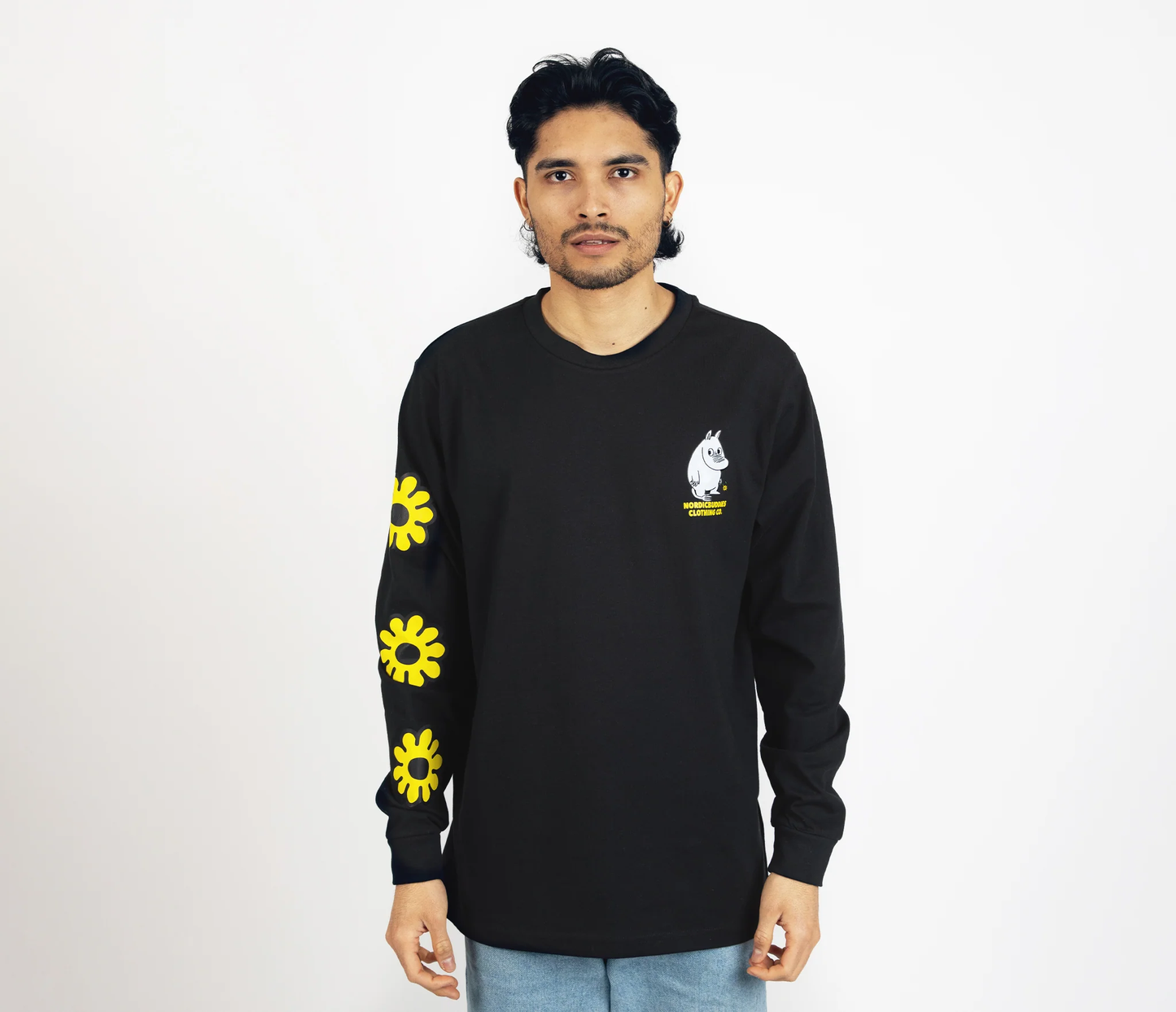 Moomintroll flower long sleeve shirt in black with yellow flower graphics on sleeves