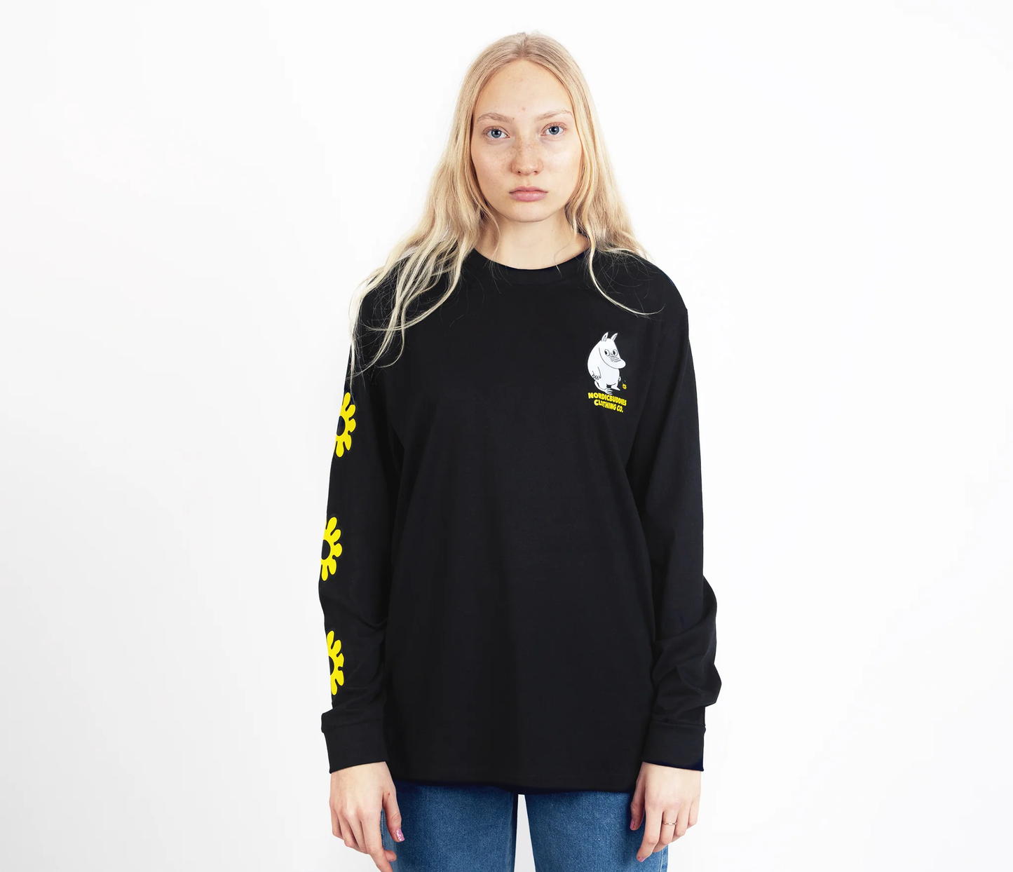 Moomintroll flower long sleeve shirt in black featuring Moomin design and floral graphics on sleeves