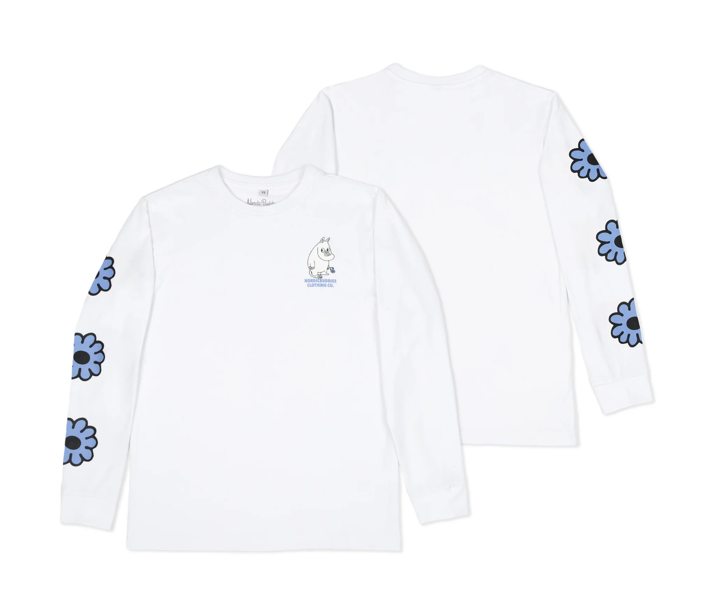 Moomintroll flower long sleeve t-shirt featuring flower designs on sleeves and a cozy fit