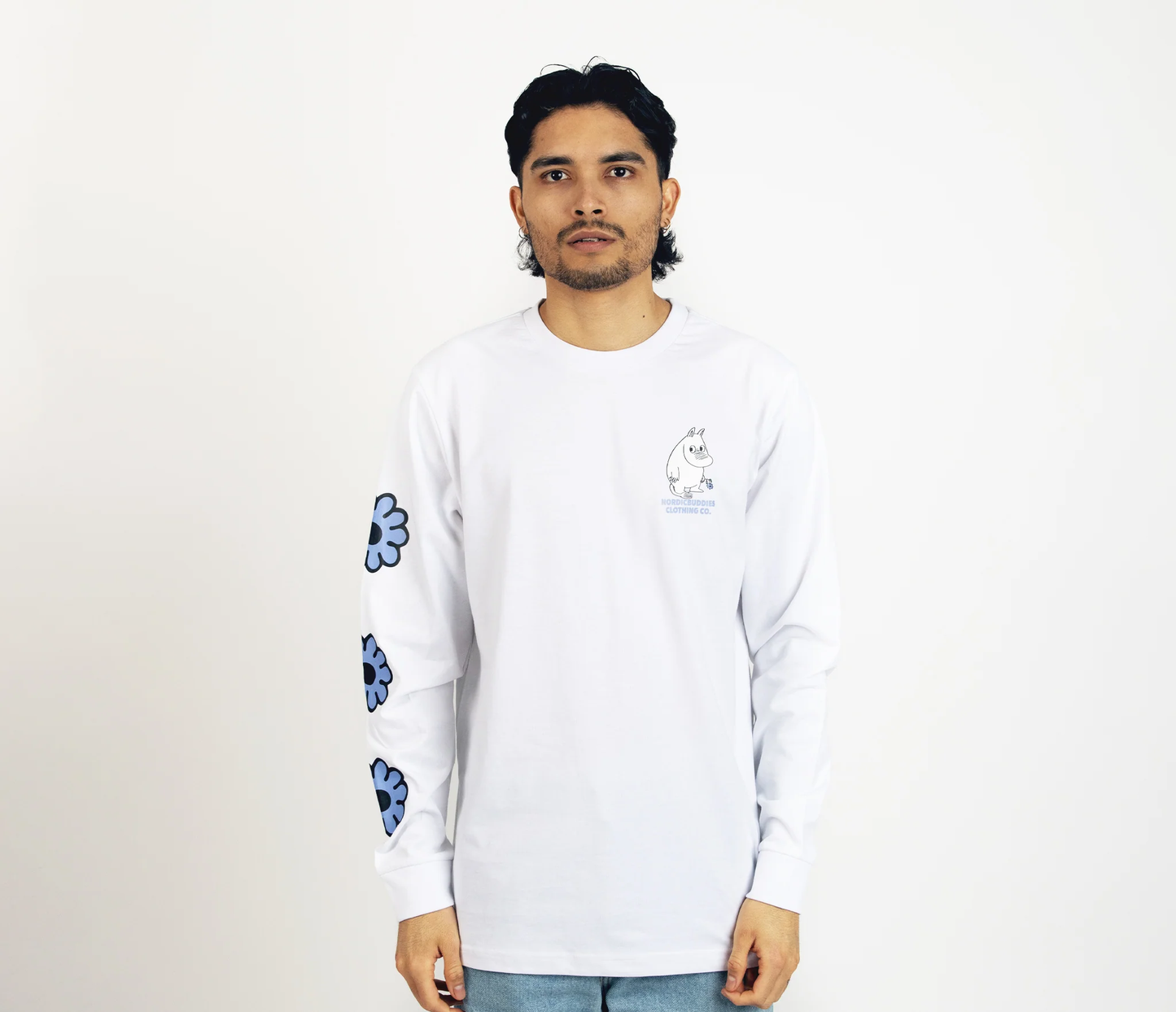 Moomintroll flower long sleeve t-shirt in white with blue flower designs on sleeves for casual wear