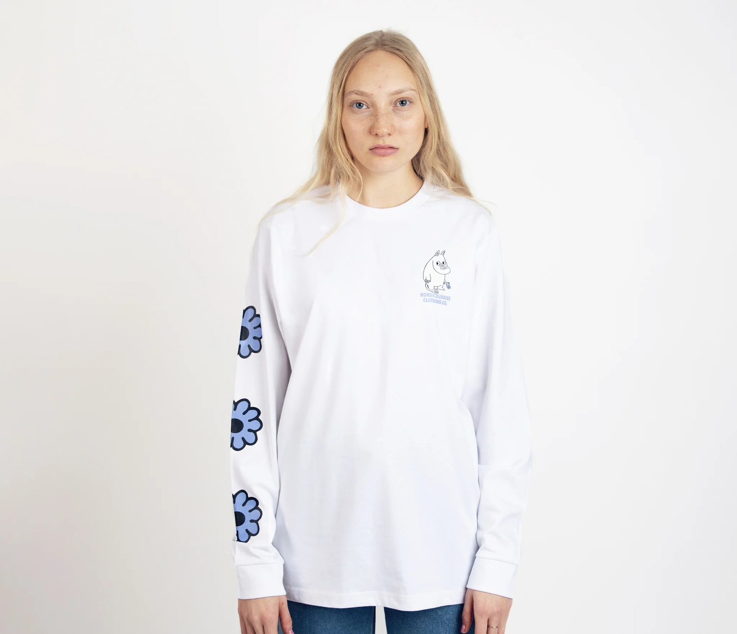 Moomintroll flower long sleeve t-shirt in white with blue floral designs on sleeves