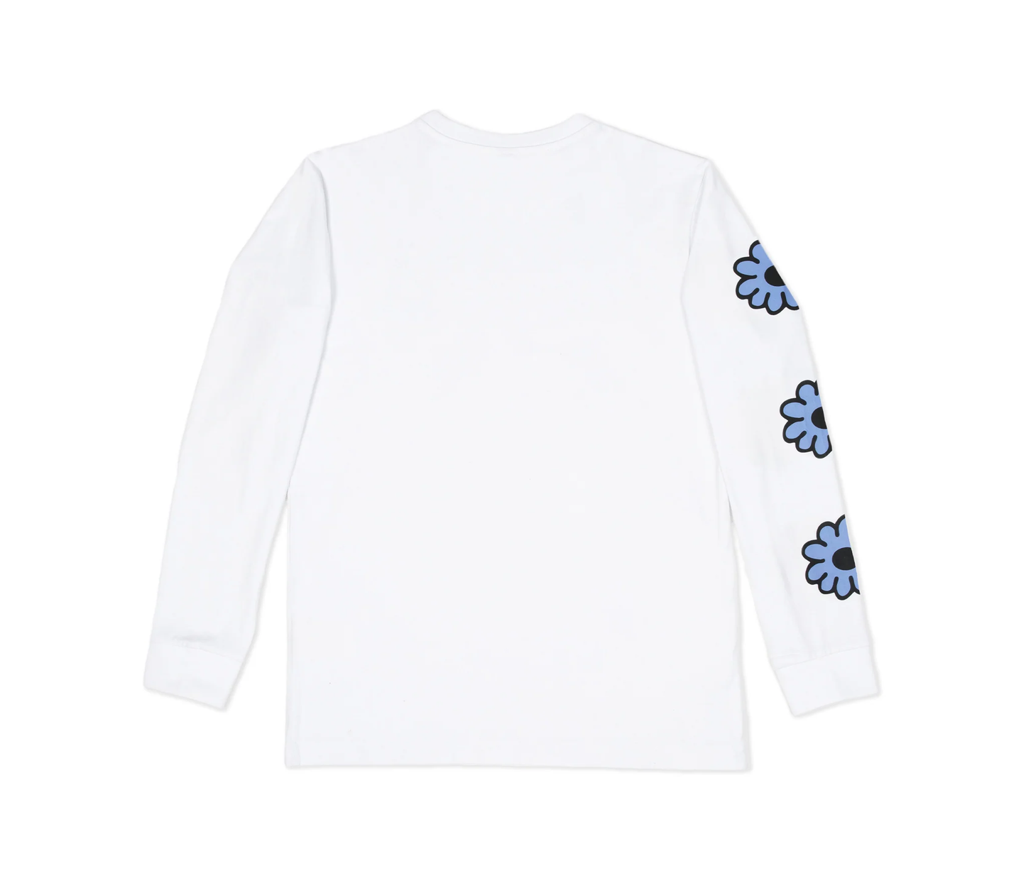 Back view of Moomintroll flower long sleeve t-shirt featuring blue flower designs on sleeves