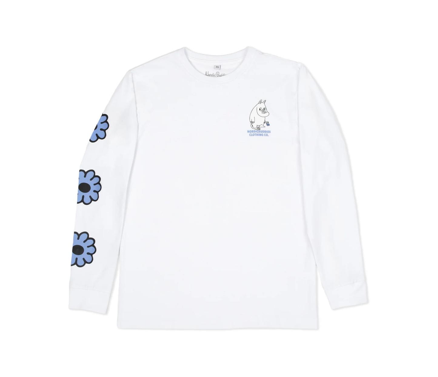 Moomintroll flower long sleeve t-shirt featuring a whimsical design with blue flowers on sleeves