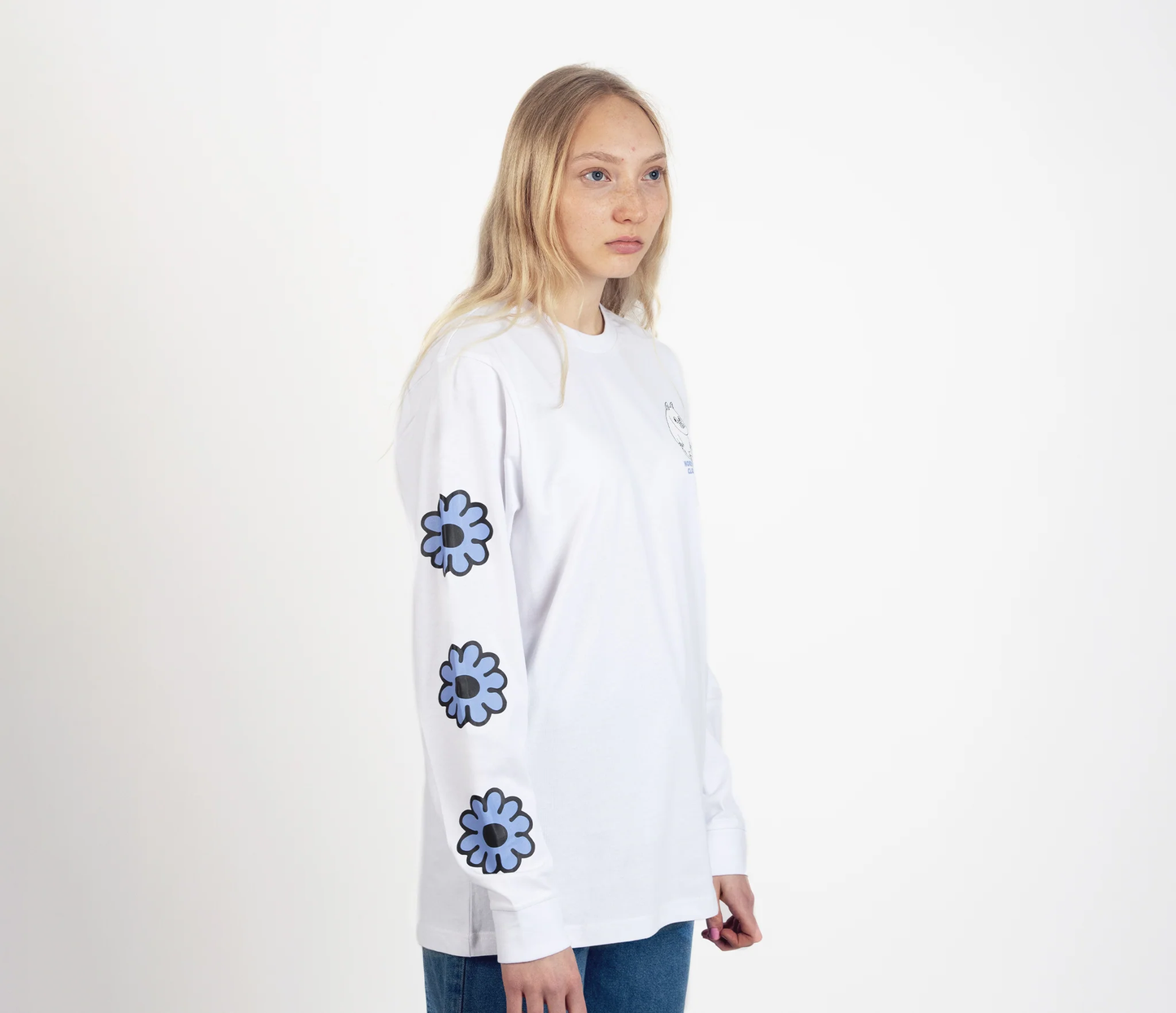 Moomintroll flower long sleeve t-shirt in white with floral designs on sleeves for a stylish look
