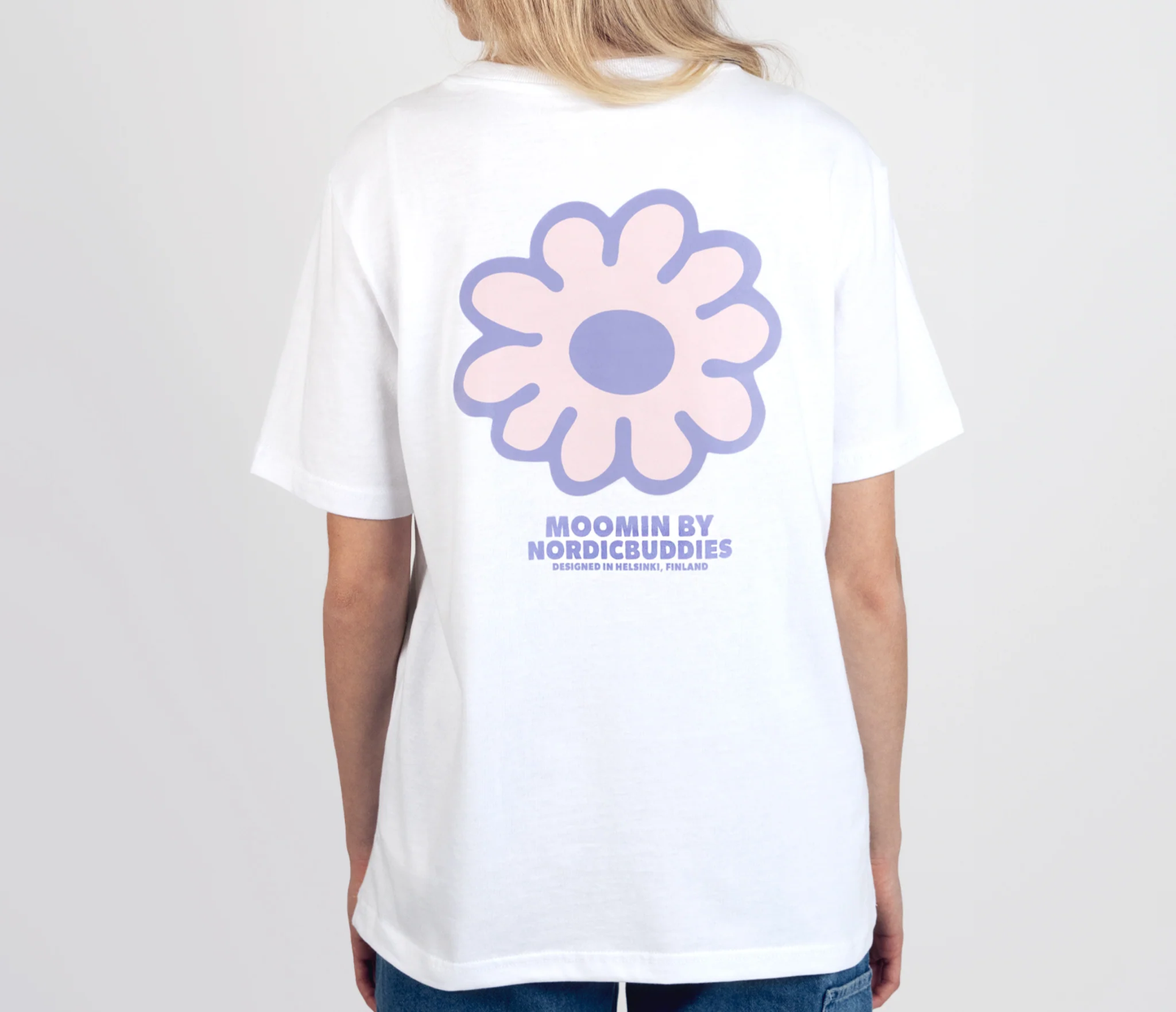 White Moomintroll flower women's t-shirt featuring a pastel flower design on the back