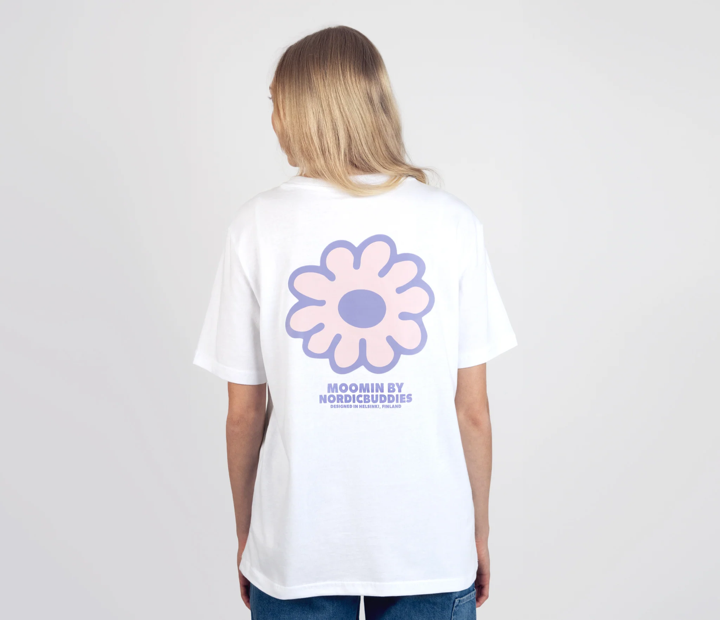 Moomintroll flower women's t-shirt featuring a colorful flower design on the back