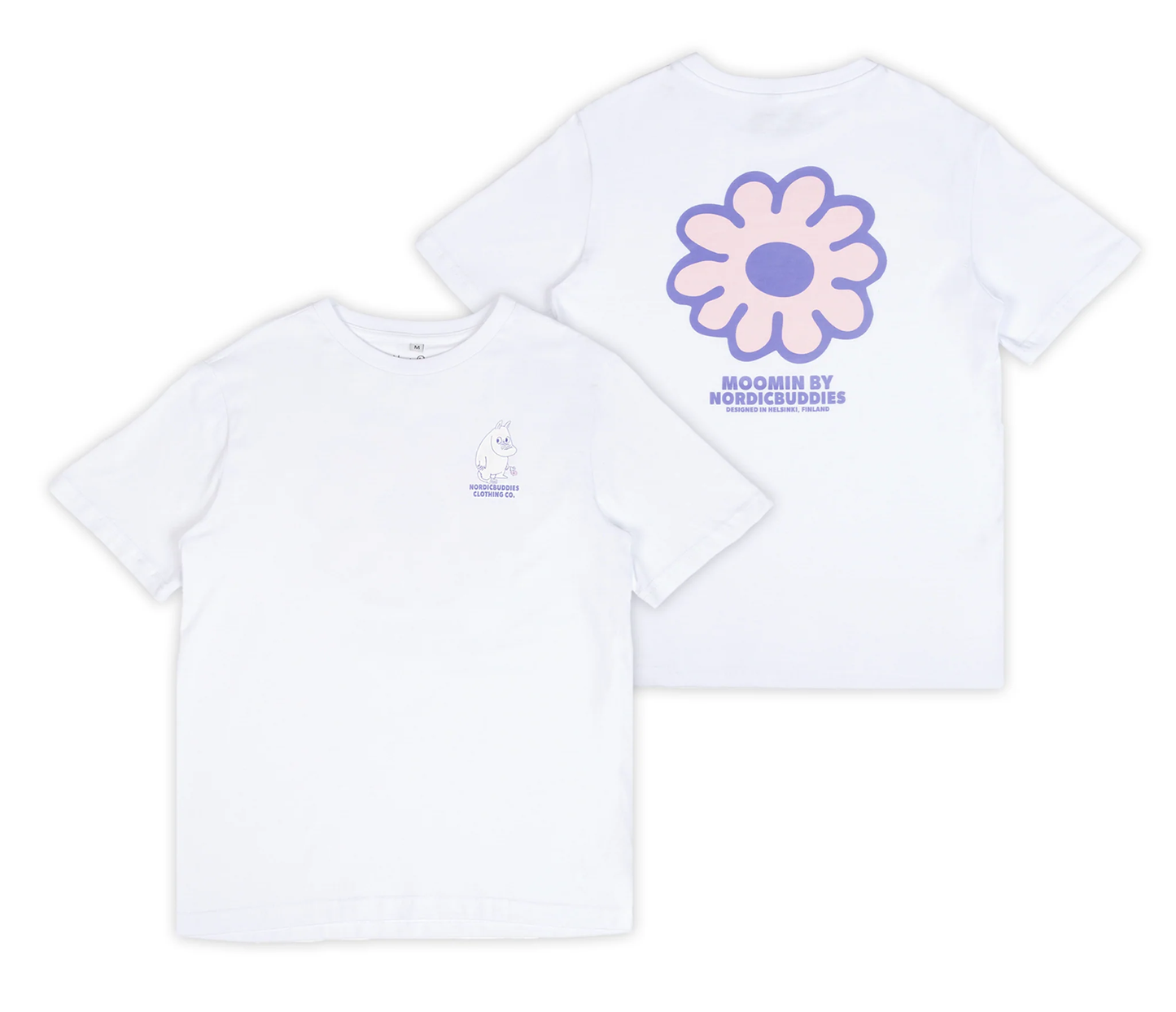 Moomintroll flower women's t-shirt featuring a colorful flower graphic on the back and a Moomin character on the front