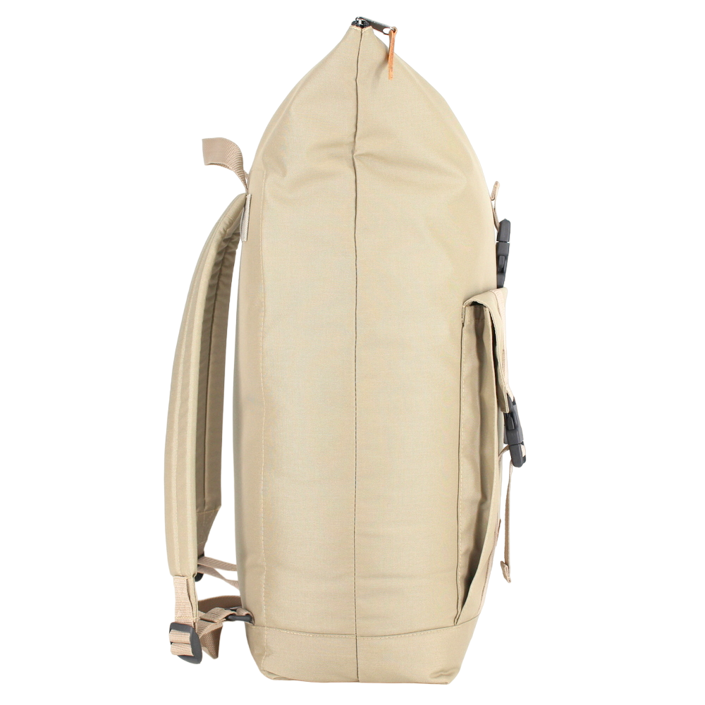 Side view of a beige hiking backpack 25L with adjustable straps for daily use