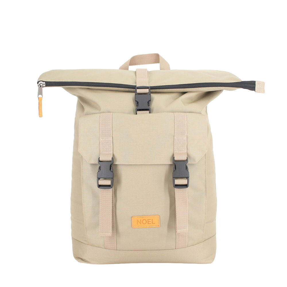 Beige hiking backpack 25L by Noel with roll-top design and adjustable straps