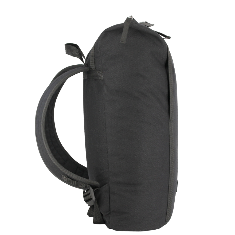 Side view of a black backpack with G-Hook showcasing a sleek and minimalist design