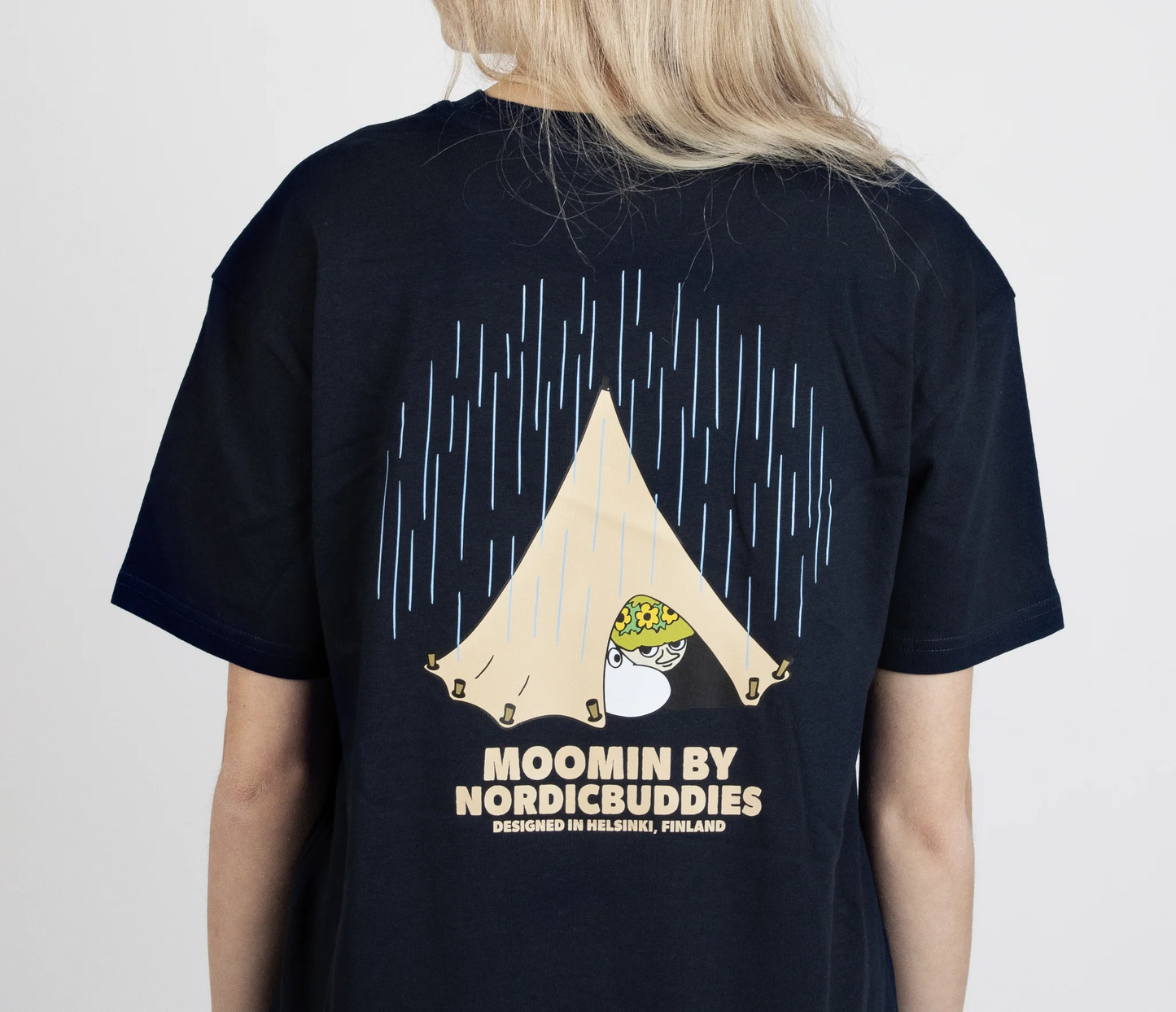Moomin by NordicBuddies adventure t-shirt dark blue featuring a whimsical tent design on the back