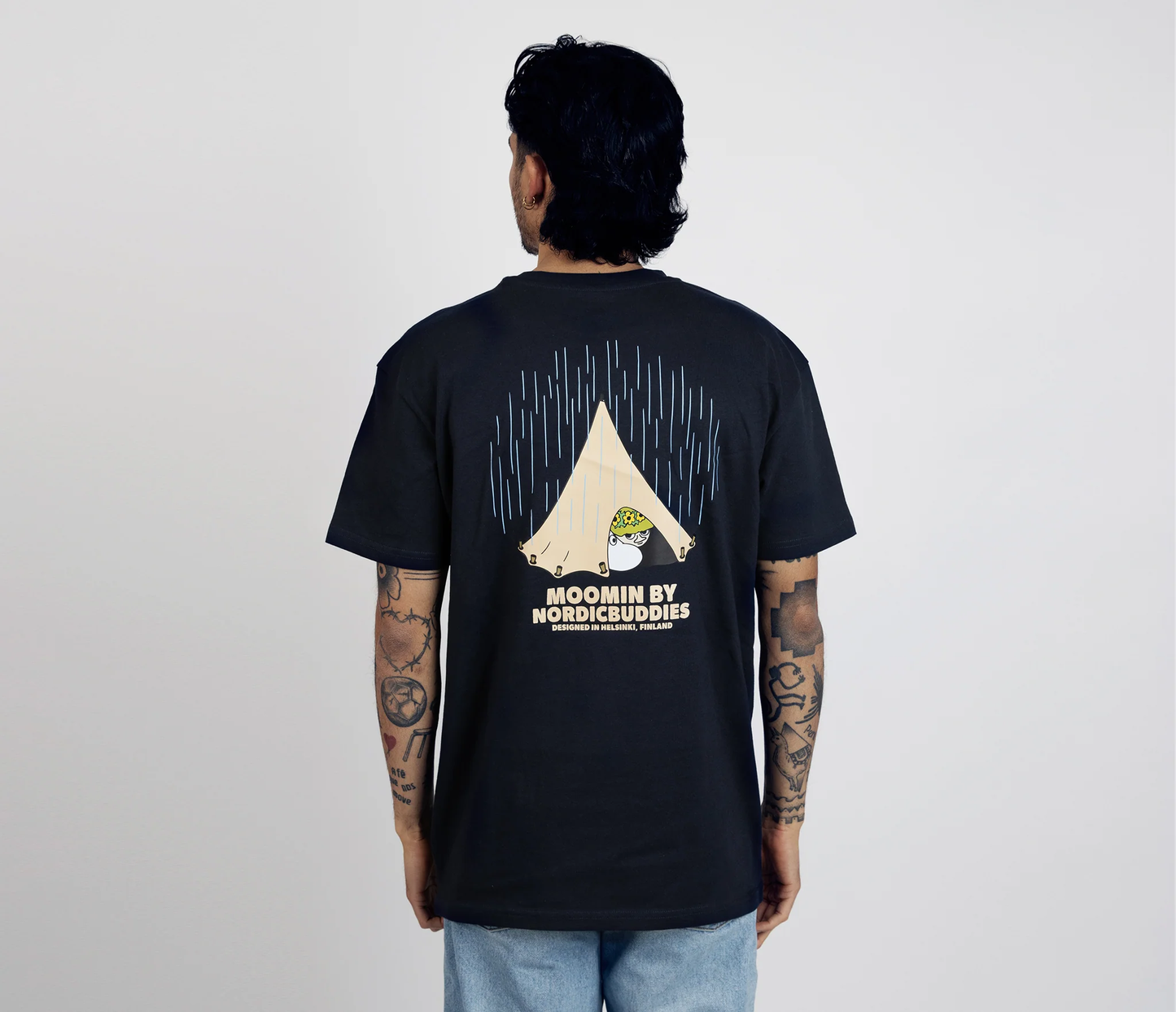 Moomin by NordicBuddies adventure t-shirt dark blue with tent and Moomin character design on the back