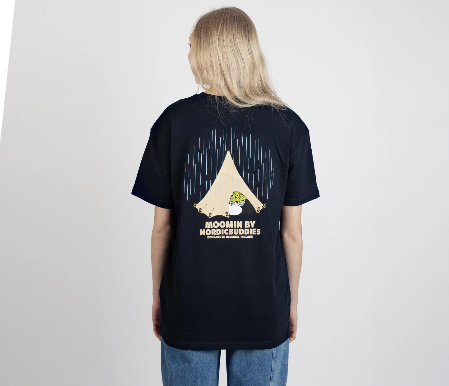 Moomin by NordicBuddies adventure t-shirt dark blue featuring a cute camping design on the back