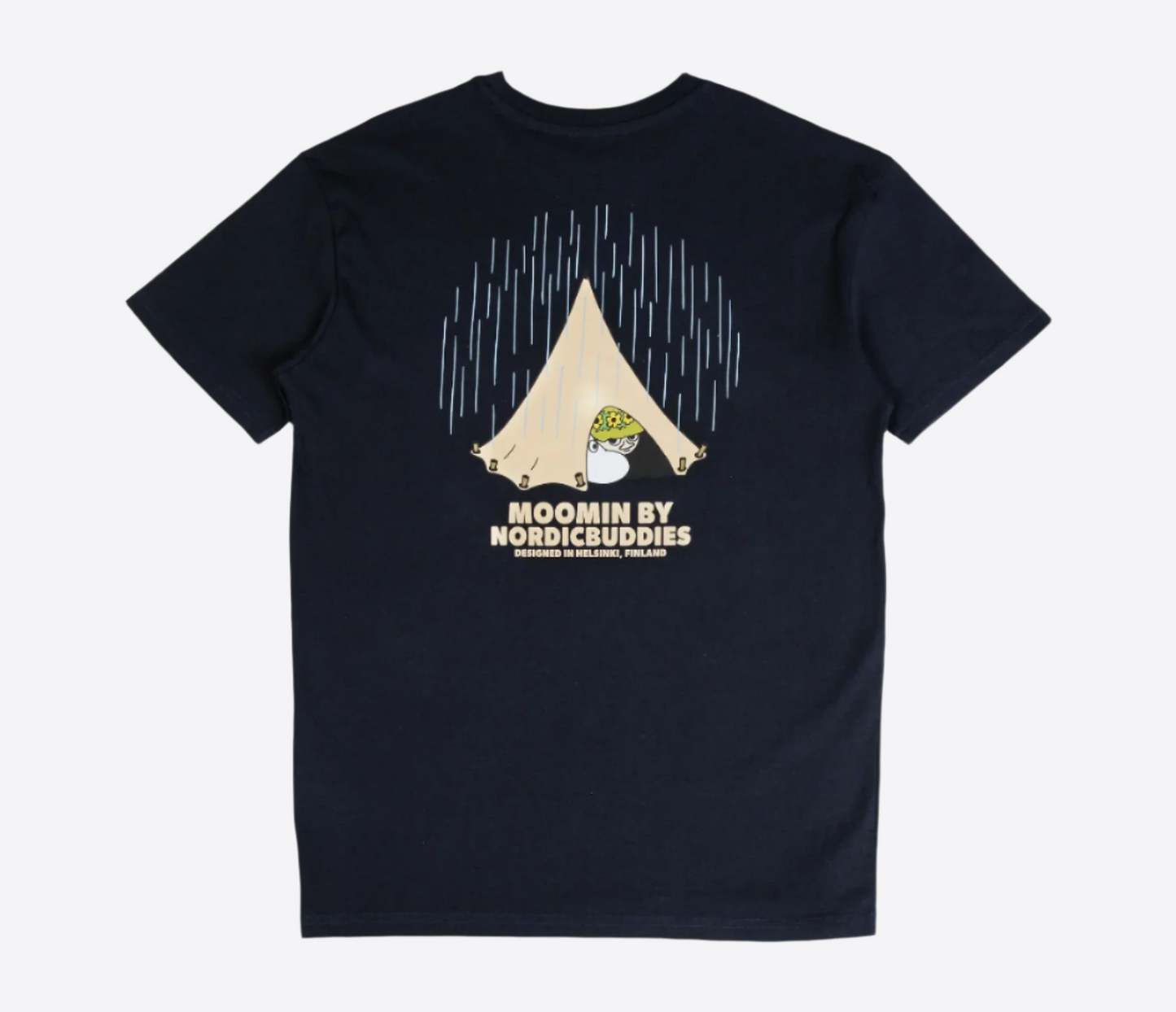 Adventure t-shirt dark blue featuring Moomin characters under a tent with rain design