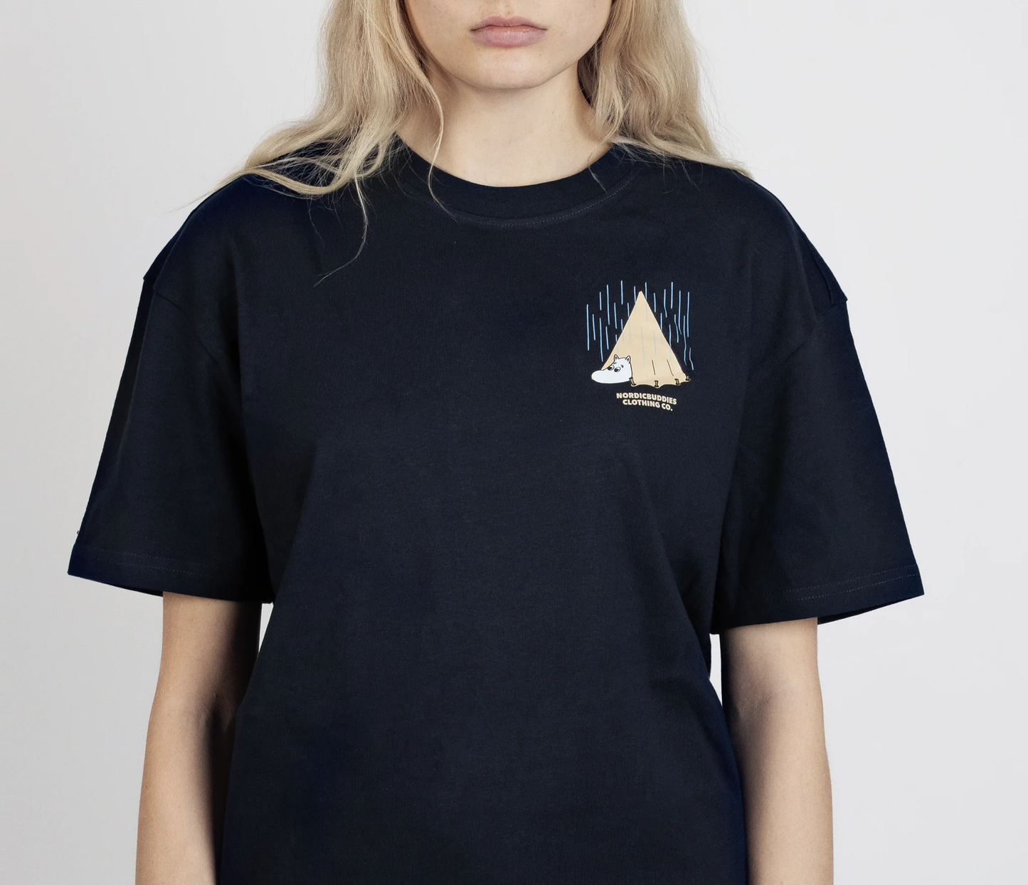 Moomin by NordicBuddies adventure t-shirt dark blue featuring a camping graphic on the front
