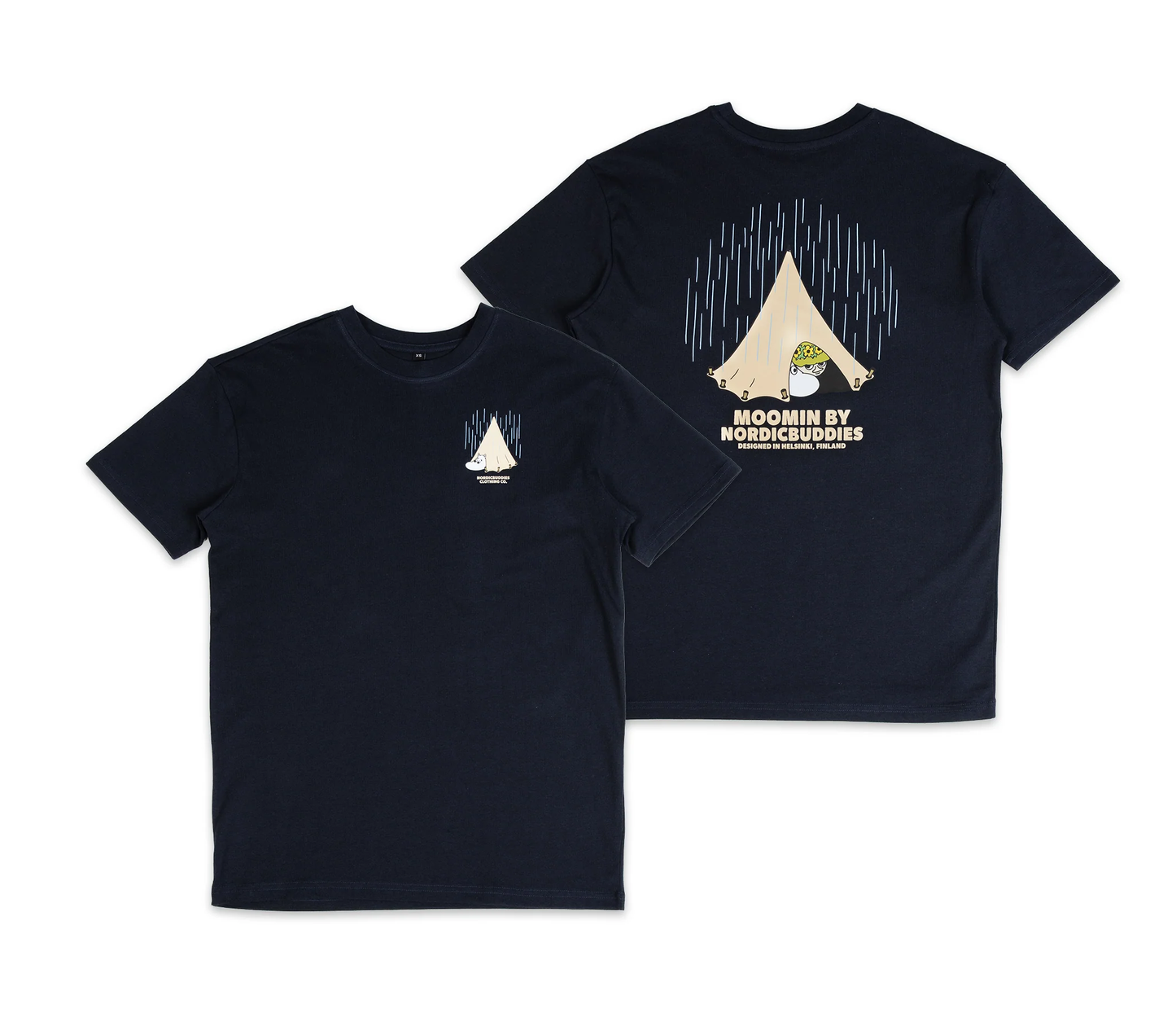 Moomin by NordicBuddies adventure t-shirt dark blue with camping design on the front and back