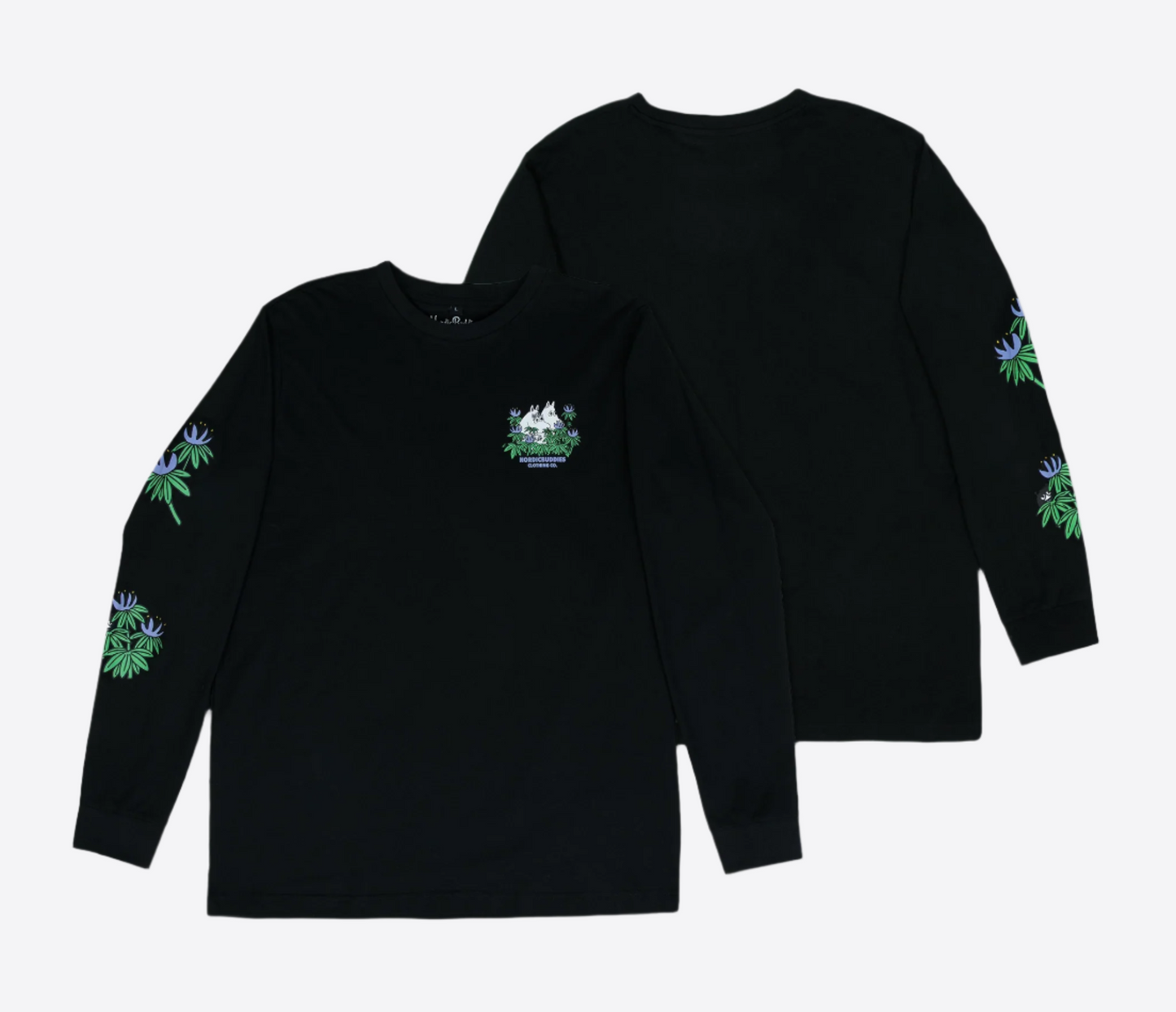 Black hide and seek long sleeves moomintroll t-shirt by Moomin with floral sleeve designs