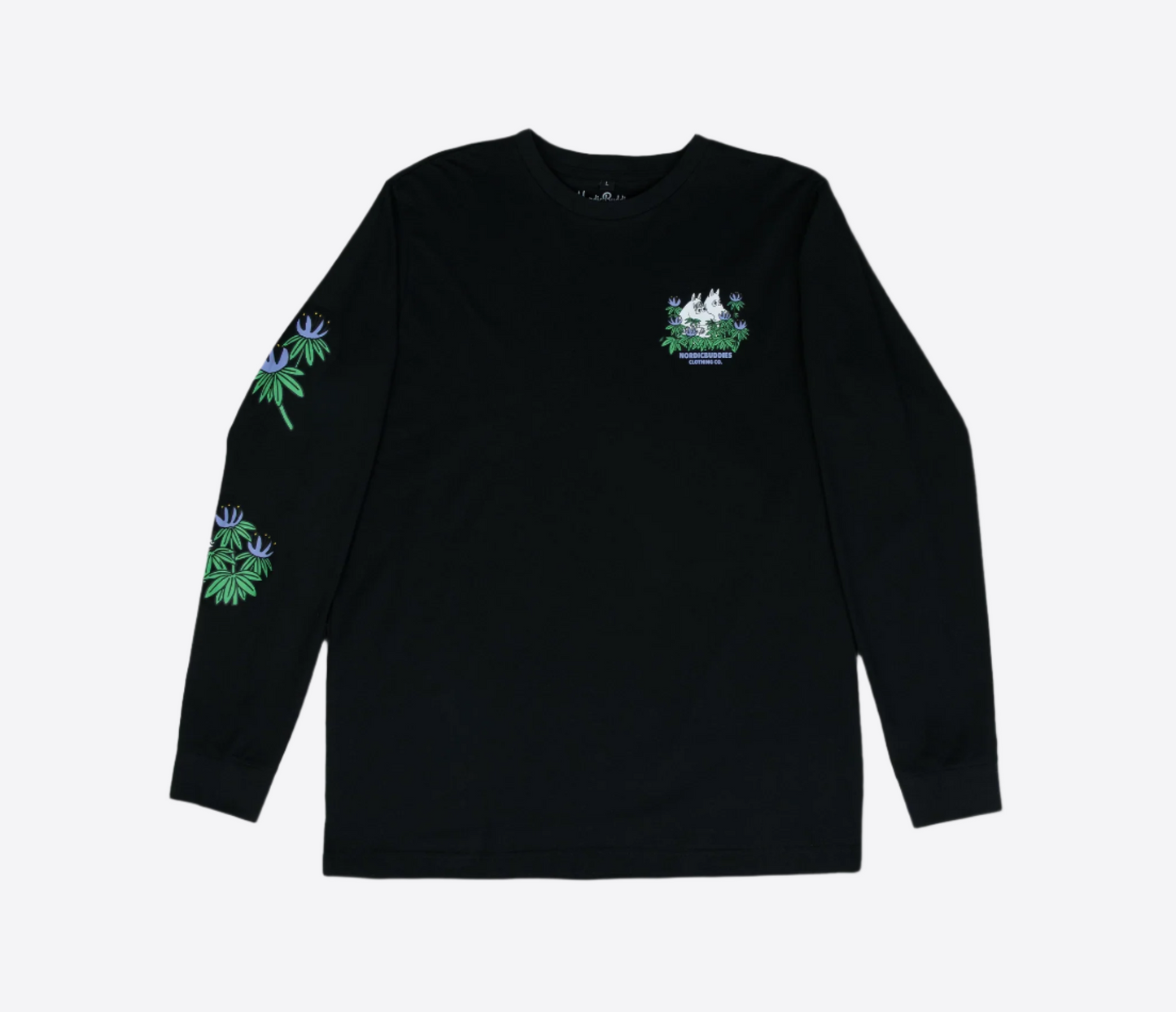 Black hide and seek long sleeves moomintroll t-shirt with floral and character print by Moomin NordicBuddies