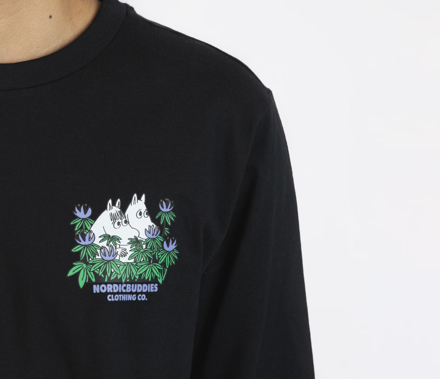 Black hide and seek long sleeves moomintroll t-shirt by Moomin featuring Moomintroll characters with floral design