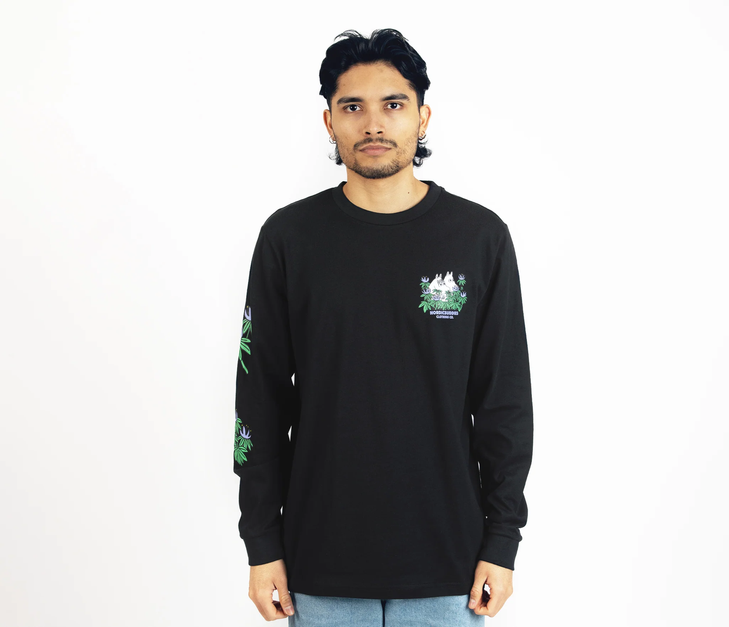 Black hide and seek long sleeves moomintroll t-shirt with Moomin graphic worn by male model