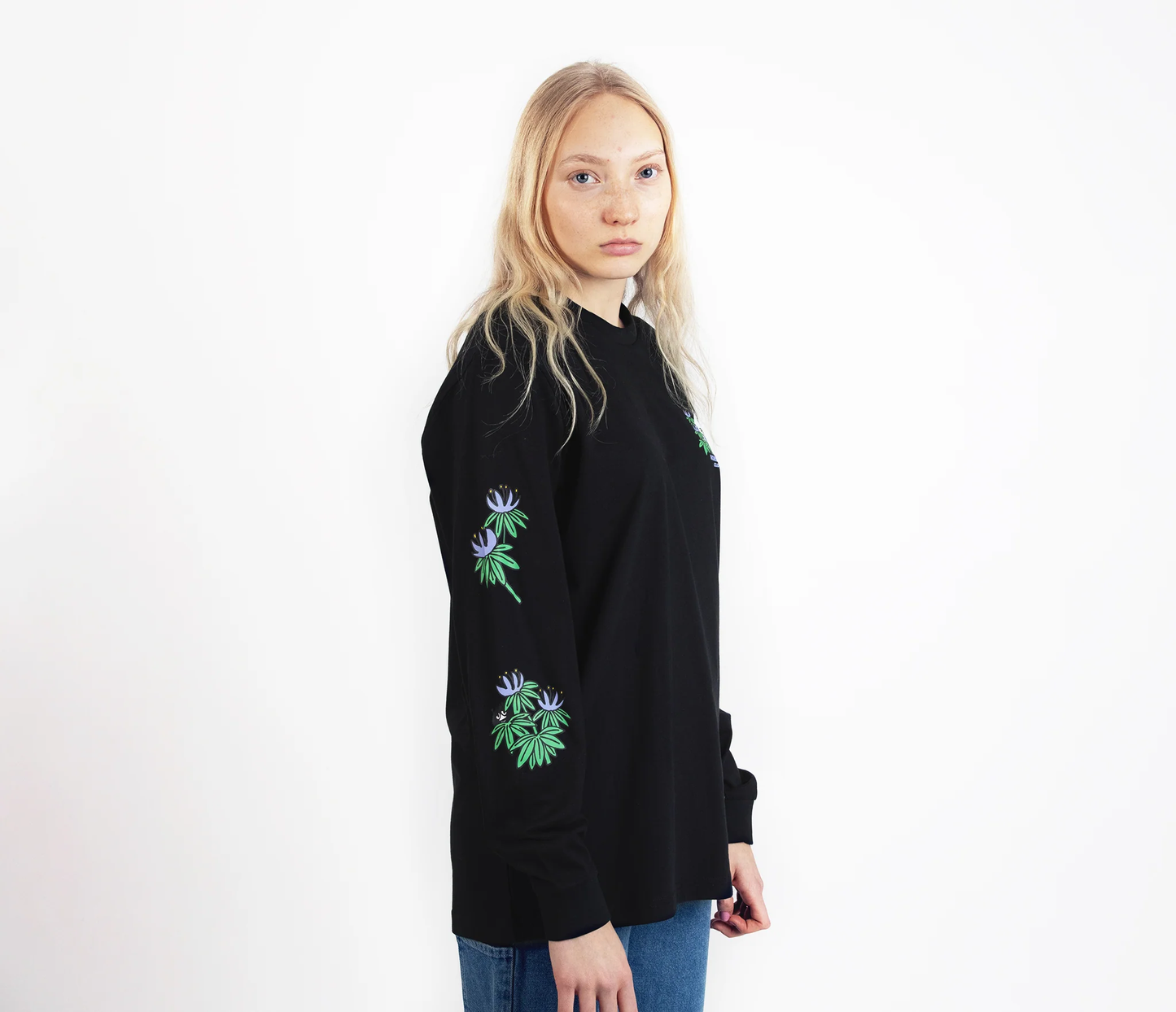 Black hide and seek long sleeves moomintroll t-shirt by Moomin featuring floral designs on sleeves
