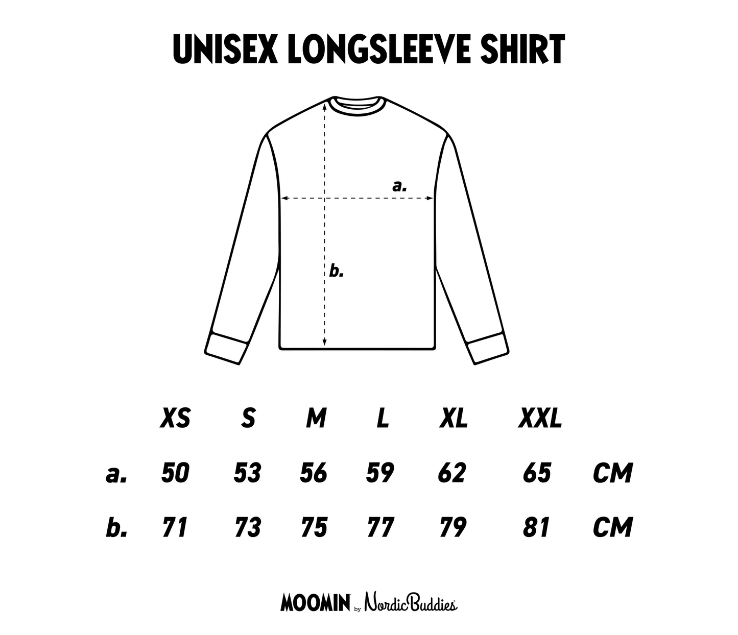 Size chart for black hide and seek long sleeves moomintroll t-shirt by Moomin NordicBuddies showing measurements in centimeters