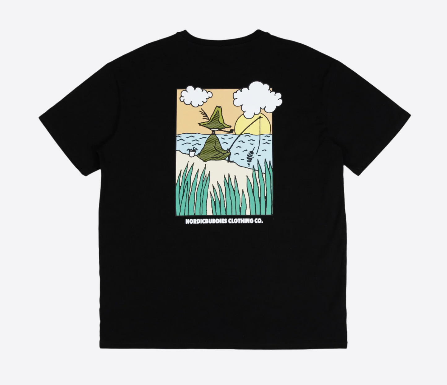 Snufkin fishing t-shirt featuring a vibrant illustration of Snufkin by the water