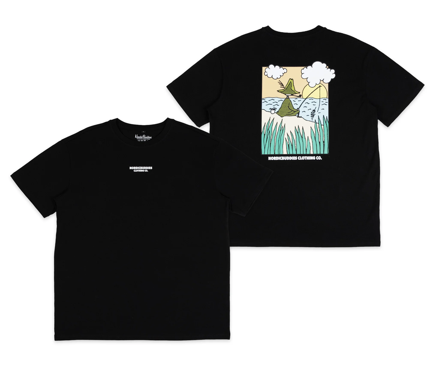 Moomin by NordicBuddies Snufkin fishing t-shirt in black with a colorful graphic design on the back