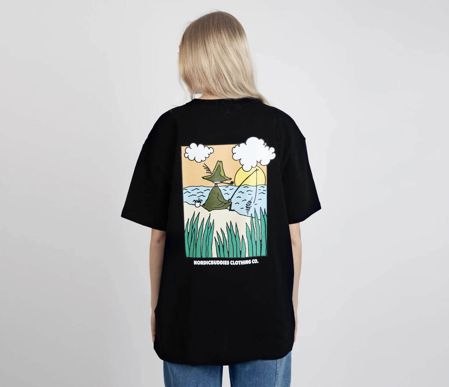 Black Snufkin fishing t-shirt featuring a colorful graphic of Snufkin by NordicBuddies