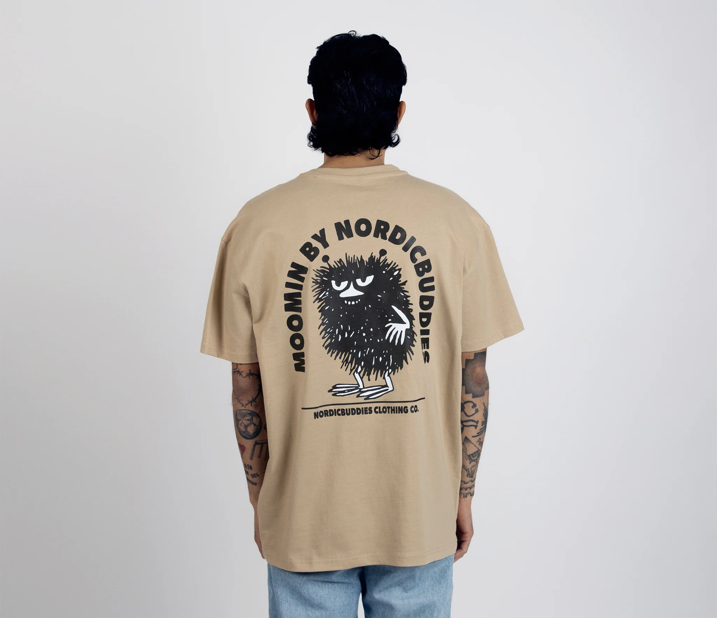 Back view of Stinky Plotting T-Shirt Beige by Moomin NordicBuddies with graphic character print