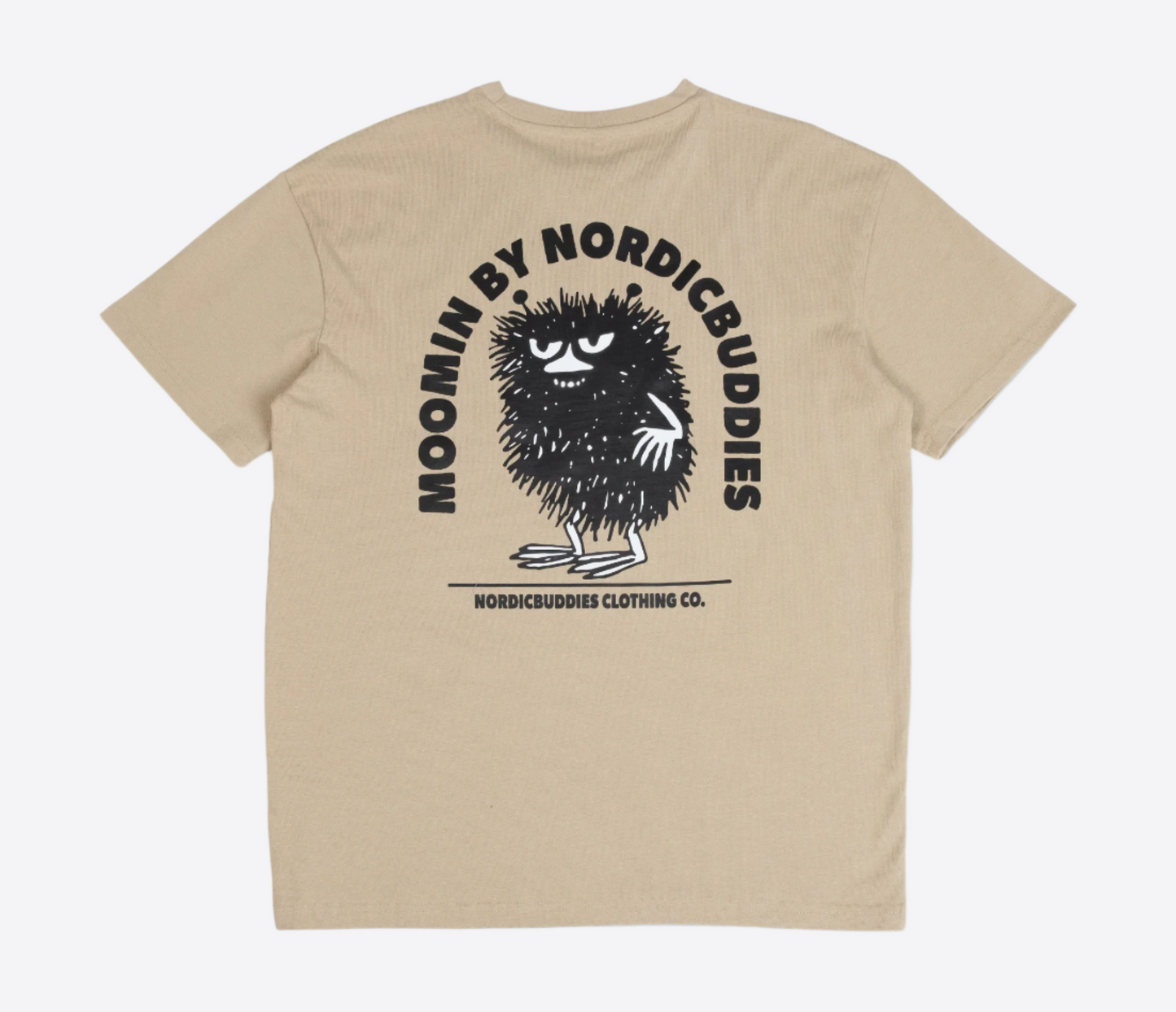 Back view of Stinky Plotting T-Shirt Beige by Moomin by NordicBuddies featuring a black graphic print