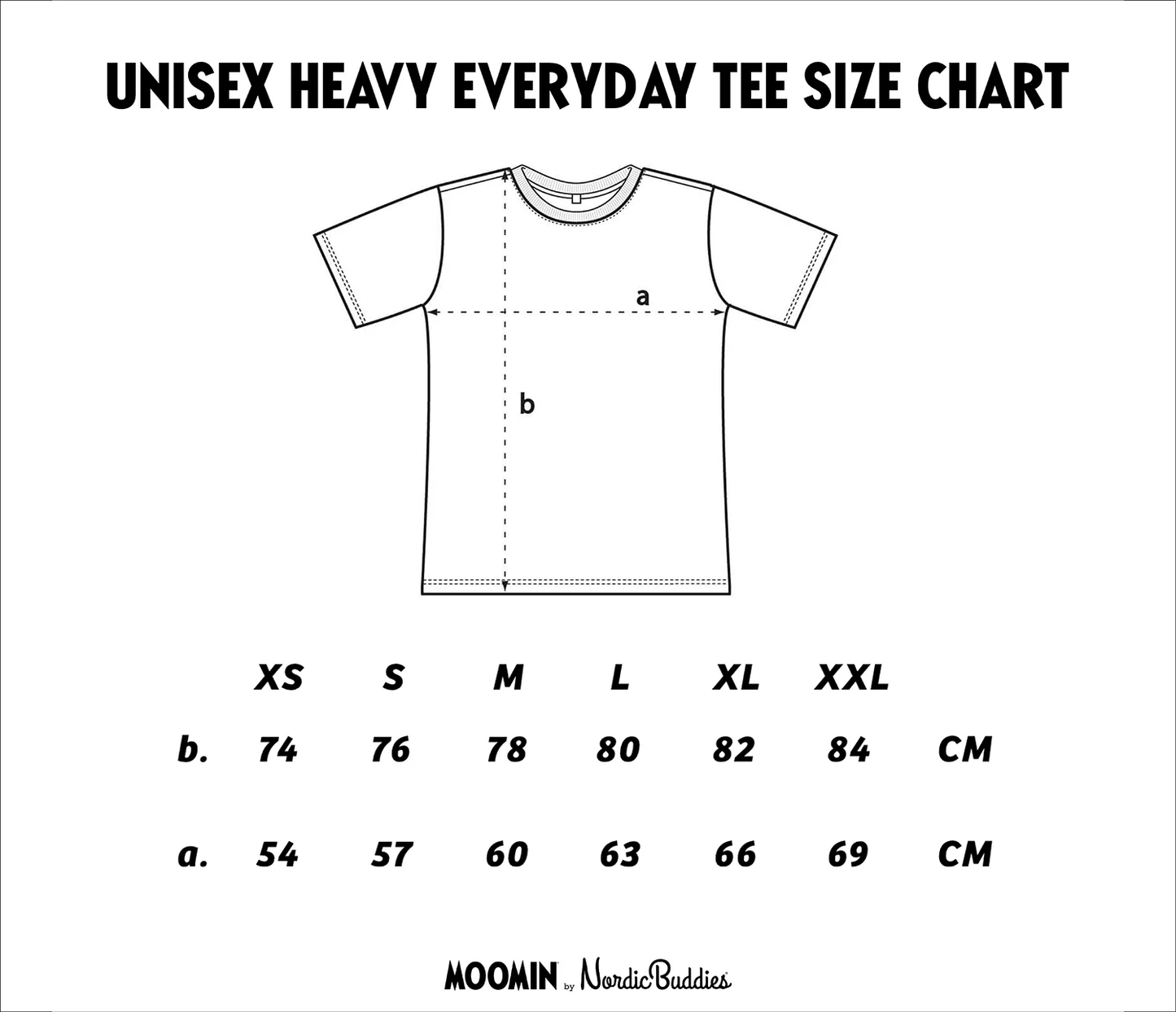 Unisex heavy everyday tee size chart with measurements for Stinky Plotting T-Shirt Beige by Moomin NordicBuddies