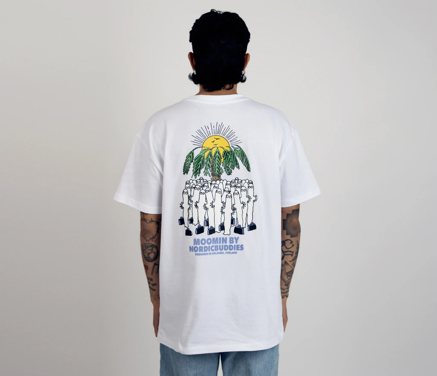 Moomin by NordicBuddies white surf trip t-shirt featuring a colorful graphic on the back