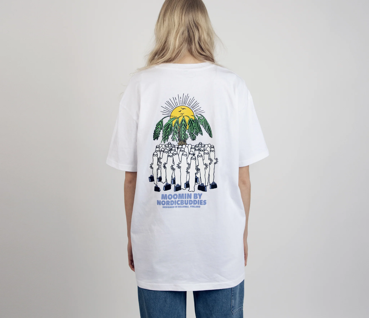 Moomin by NordicBuddies white surf trip t-shirt featuring colorful back graphic with sun and characters