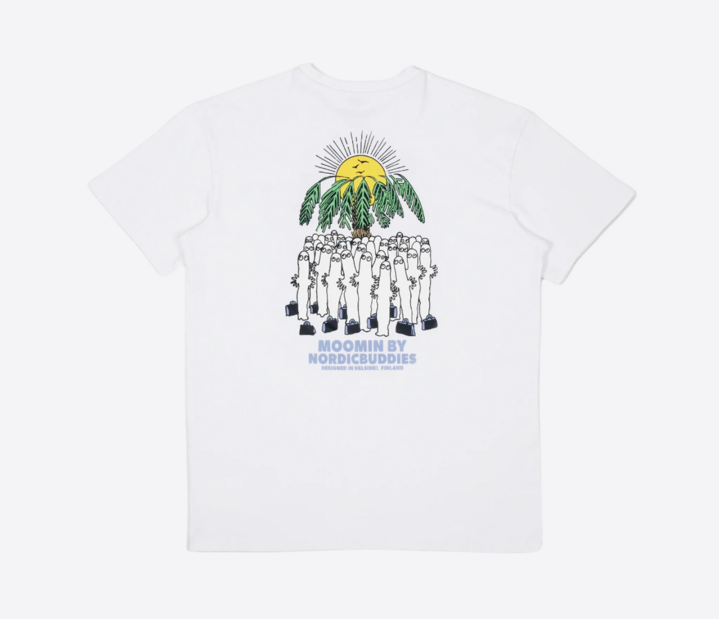 Moomin by NordicBuddies white surf trip t-shirt with vibrant graphic design featuring sun and characters