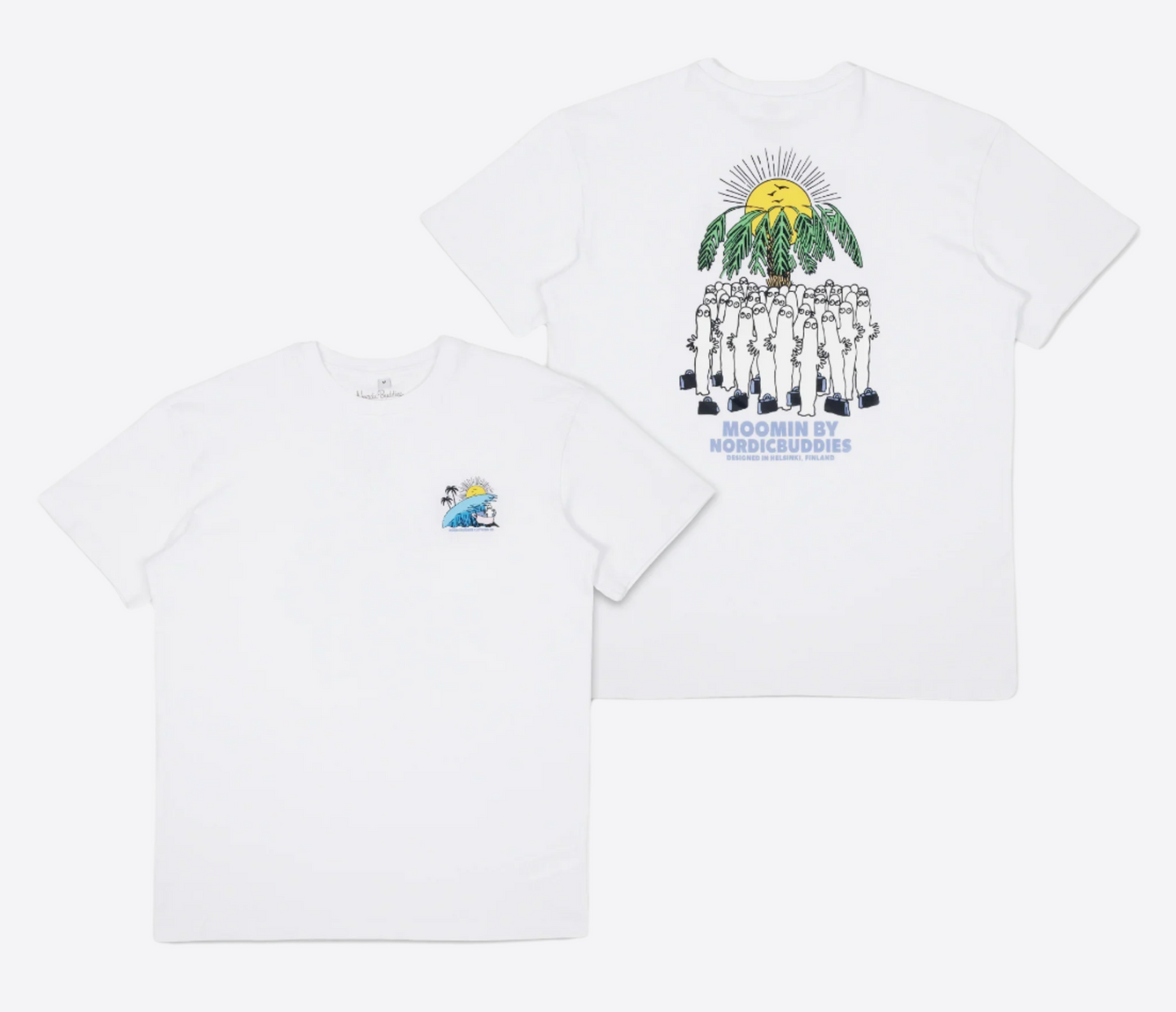 Moomin by NordicBuddies white surf trip t-shirt featuring vibrant sun and beach graphics