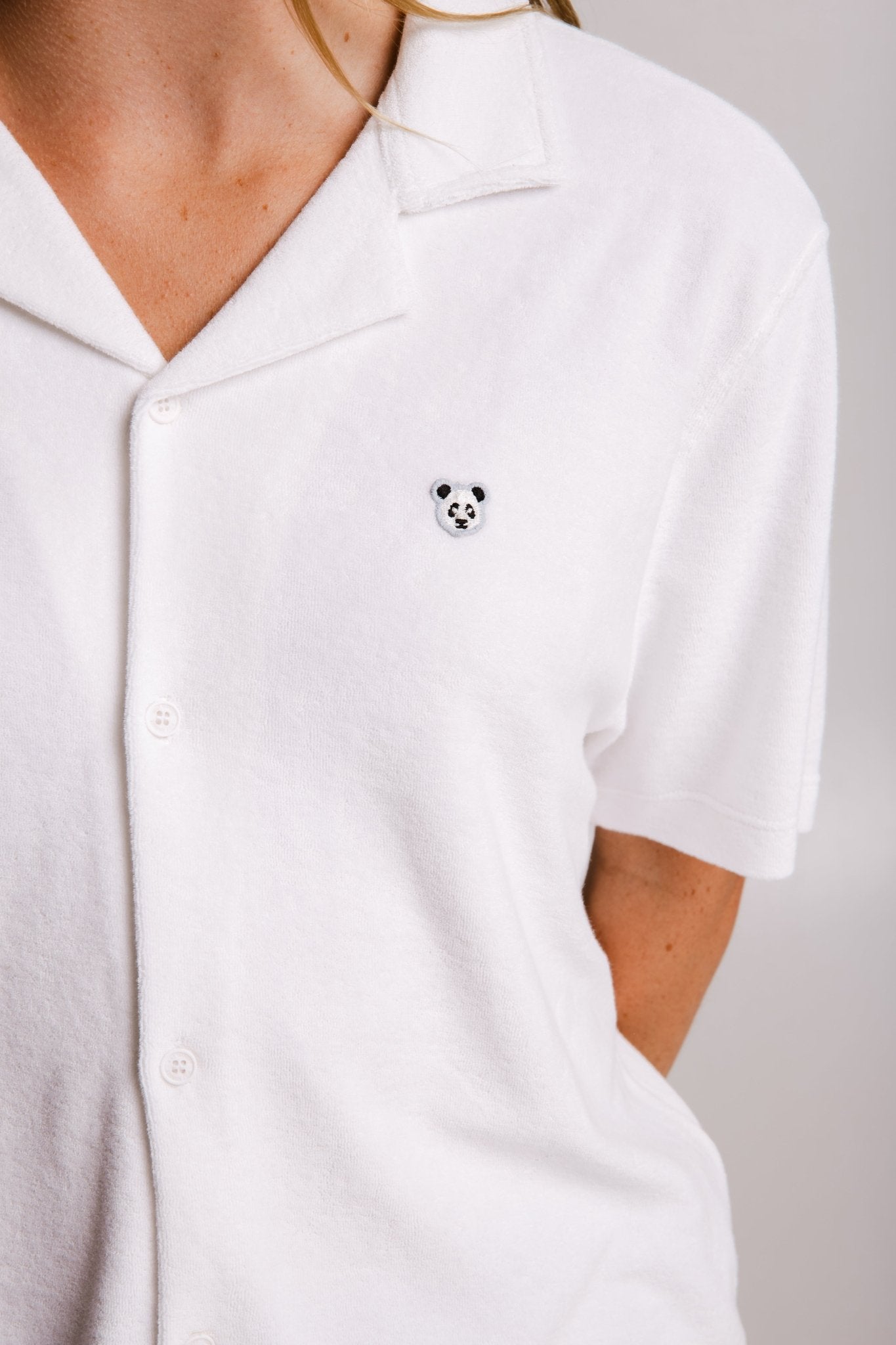 Sossu panda terry t-shirt white with small panda face embroidery on chest and short sleeves